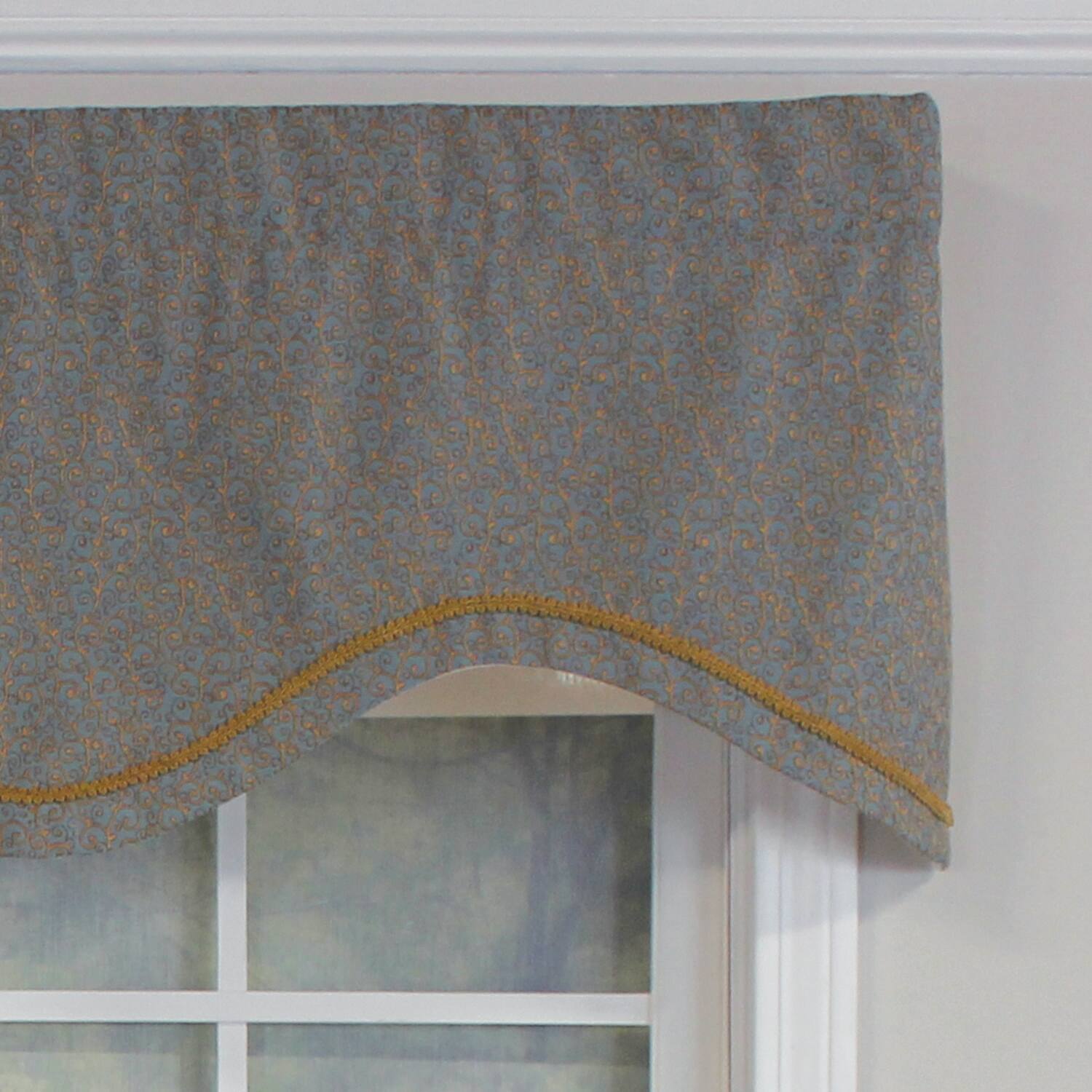 Left. RLF Home - RLF Home Bluebell Trimmed Cornice 100% Cotton with Fully Lined 3" Rod Pocket Valnance for Windows 50" x 17" Blue - Blue.