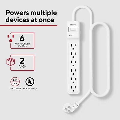 Powers multiple devices at once

- 6 AC GROUNDED OUTLETS
- 2 PACK
- 2.5ft (0.75m) CORD
- UL CERTIFIED