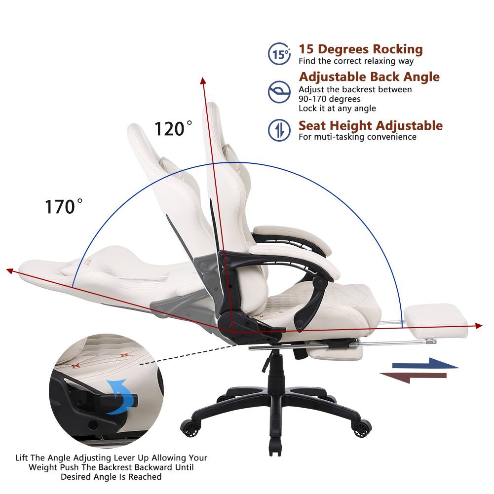 120° 15 Degrees Rocking  
15 Degrees Rocking  
Find the correct relaxing way  

Adjustable Back Angle  
Adjust the backrest between 90-170 degrees  
Lock it at any angle  

Seat Height Adjustable  
For multi-tasking convenience  

Lift The Angle Adjusting Lever Up  
Allowing Your Weight Push The Backrest Backward Until Desired Angle Is Reached