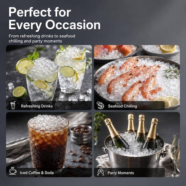Perfect for Every Occasion  
From refreshing drinks to seafood chilling and party moments

- Refreshing Drinks
- Seafood Chilling
- Iced Coffee & Soda
- Party Moments