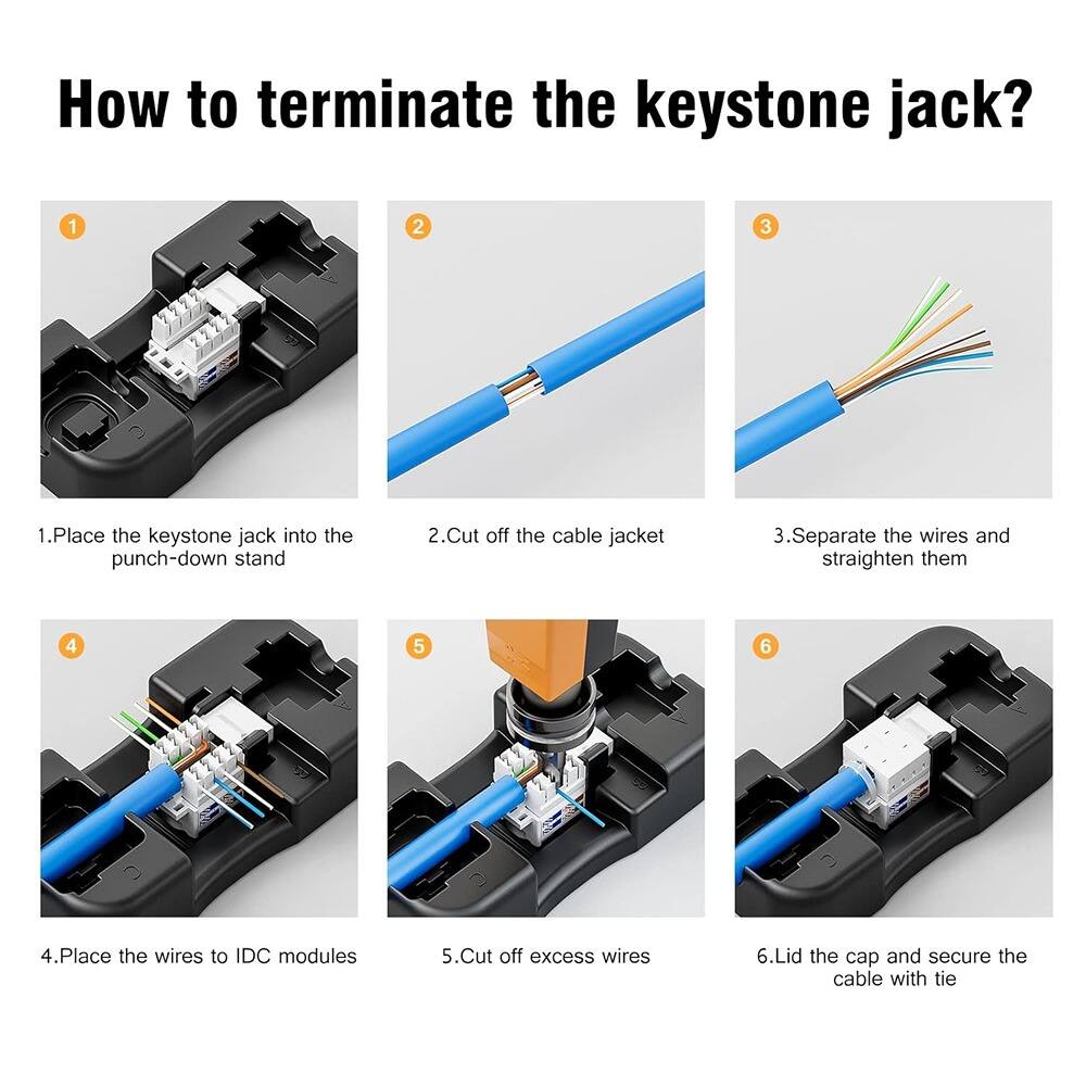 How to terminate the keystone jack?

1. Place the keystone jack into the punch-down stand
2. Cut off the cable jacket
3. Separate the wires and straighten them
4. Place the wires to IDC modules
5. Cut off excess wires
6. Lid the cap and secure the cable with tie