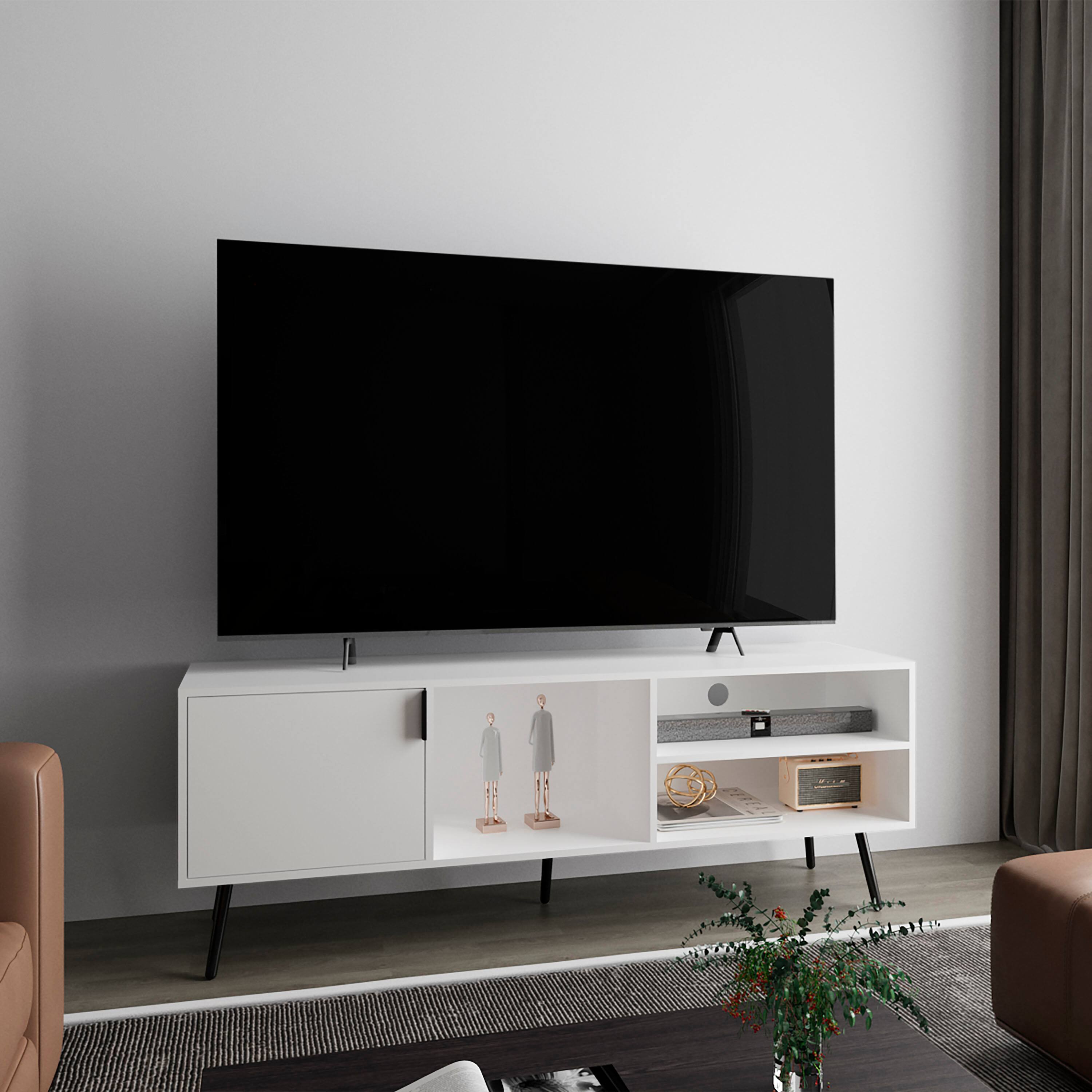 Angle. Spaco - Spaco Modern TV Stand for 60-70 Inch TVs with 1 Door 3 Open Shelves Console, Compact Media Storage for Small Spaces - White.