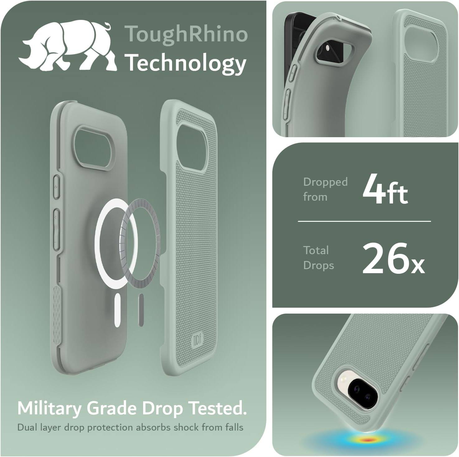 ToughRhino Technology

Dropped from 4ft  
Total Drops 26x

Military Grade Drop Tested.  
Dual layer drop protection absorbs shock from falls