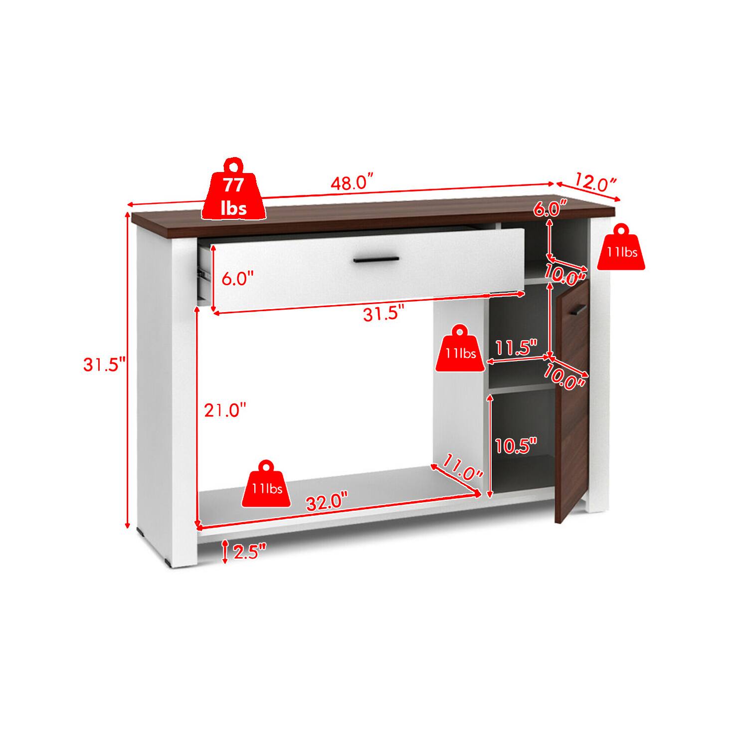 77 lbs  
48.0"  
12.0"  
6.0"  
31.5"  
6.0"  
21.0"  
31.5"  
10.00  
11 lbs  
11.5"  
10.0"  
11 lbs  
11 lbs  
32.0"  
12.5"  
10.5"  
11.0"