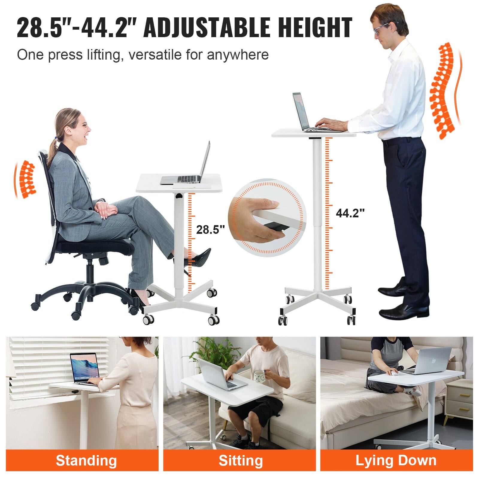 28.5"-44.2" ADJUSTABLE HEIGHT  
One press lifting, versatile for anywhere  

Standing  
Sitting  
Lying Down
