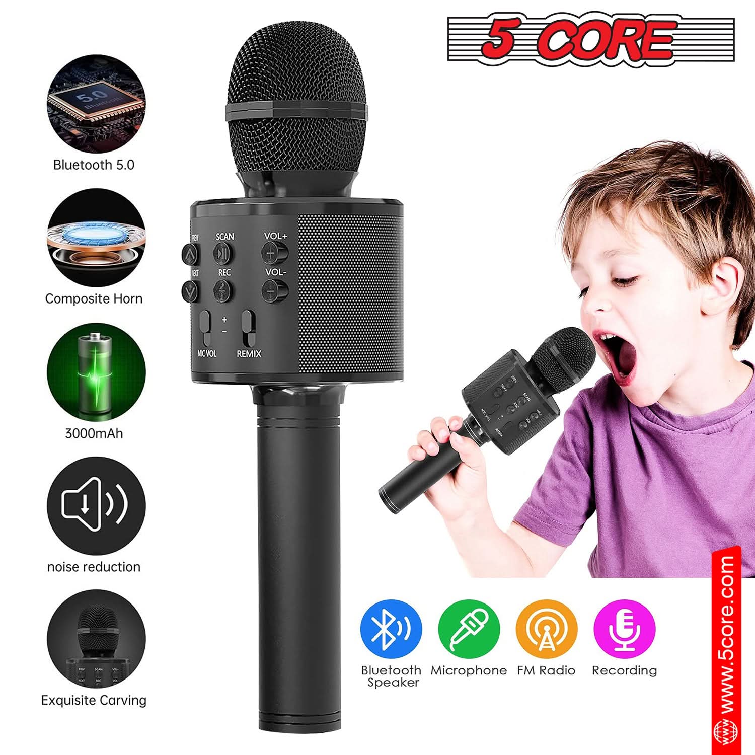 5.0 W 5 CORE Bluetooth 5.0 R SCAN VOL+ E FEC VOL- Composite Horn + MICVOL REMIX 3000mAh 1 noise reduction Exquisite Carving Bluetooth Microphone FM Radio Recording Speaker www.5core.com