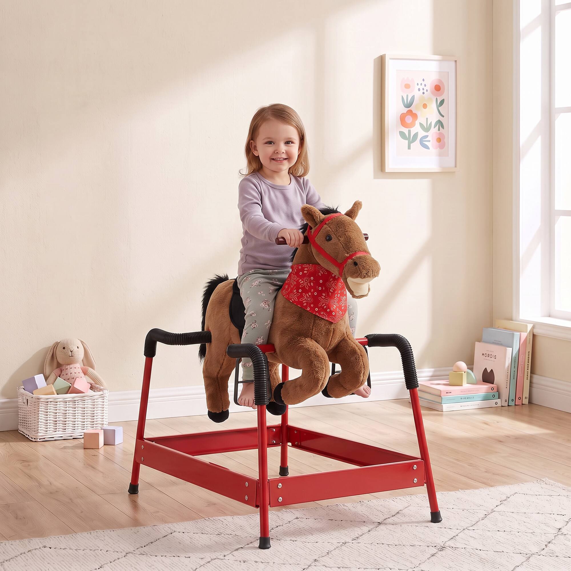 Alt View 1. Qaba - Spring Rocking Horse, Ride on Horse with Neighing Sounds - Brown.