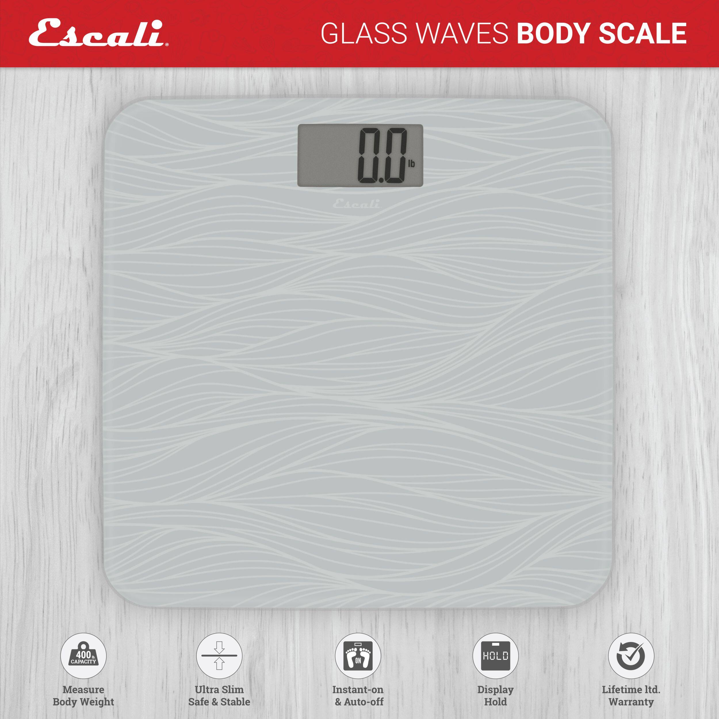 Escali. GLASS WAVES BODY SCALE 00.0  Escali 400 CAROITY  HOLD Measure Body Weight Ultra Slim Safe & Stable Instant-on & Auto-off Display Hold Lifetime Itd. Warranty