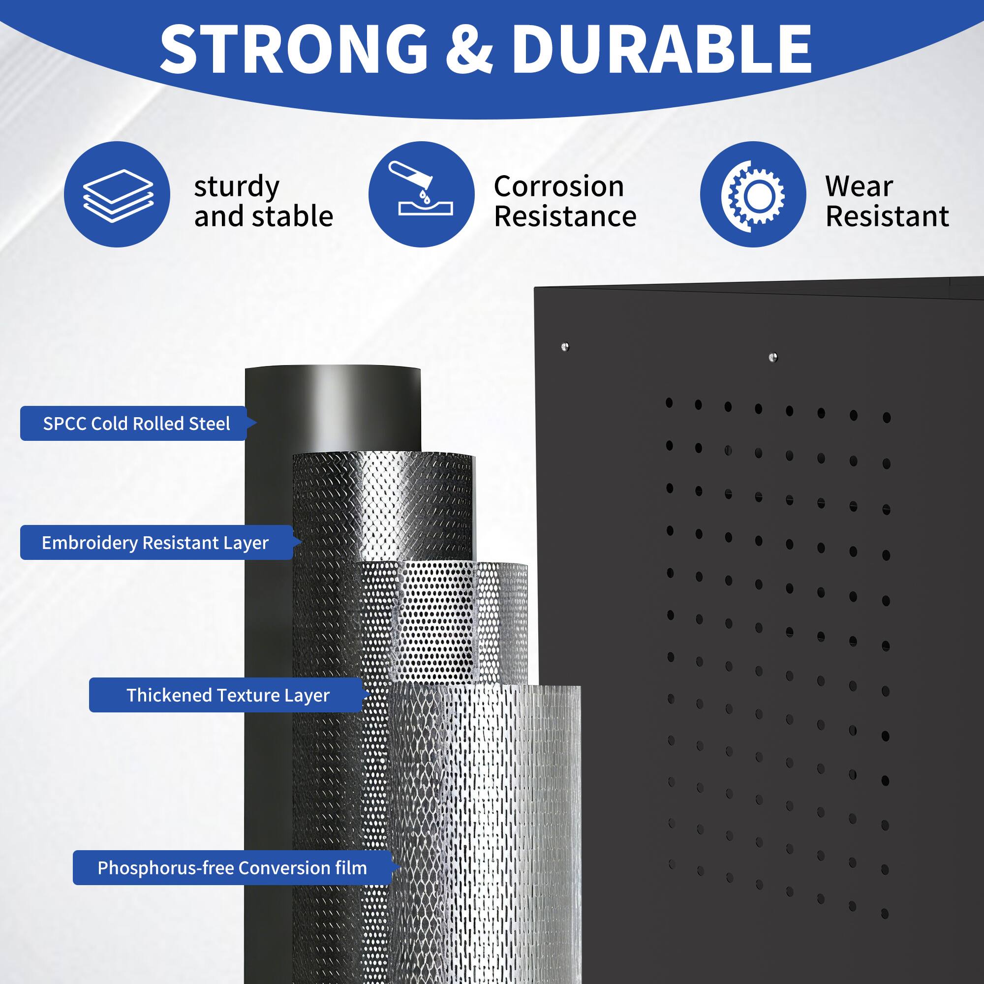 STRONG & DURABLE

- sturdy and stable
- Corrosion Resistance
- Wear Resistant

SPCC Cold Rolled Steel
Embroidery Resistant Layer
Thickened Texture Layer
Phosphorus-free Conversion film