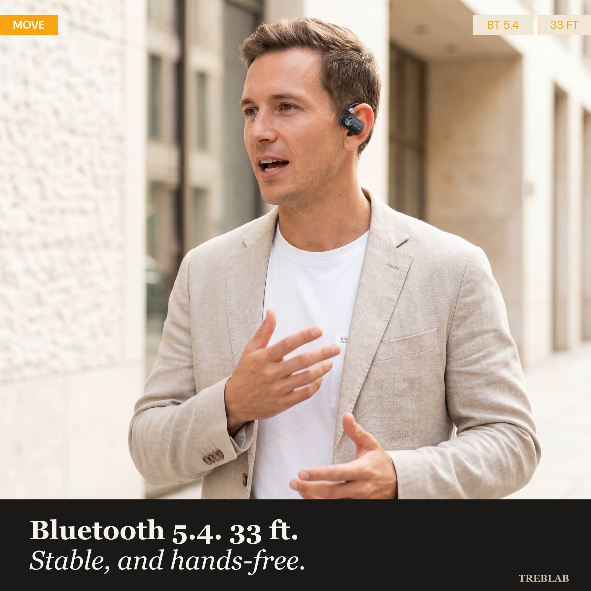 MOVE BT 5.4 33 FT - Bluetooth 5.4. 33 ft. Stable, and hands-free. TREBLAB