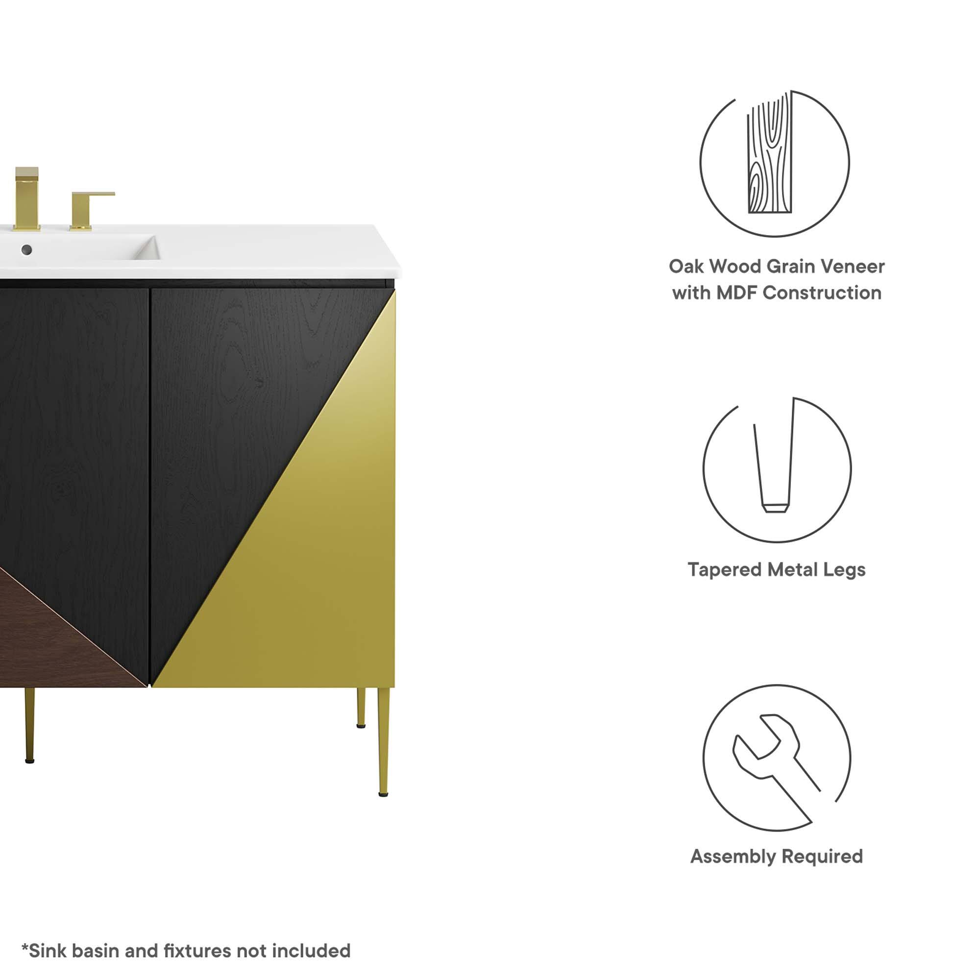 Oak Wood Grain Veneer with MDF Construction  
Tapered Metal Legs  
Assembly Required  

*Sink basin and fixtures not included