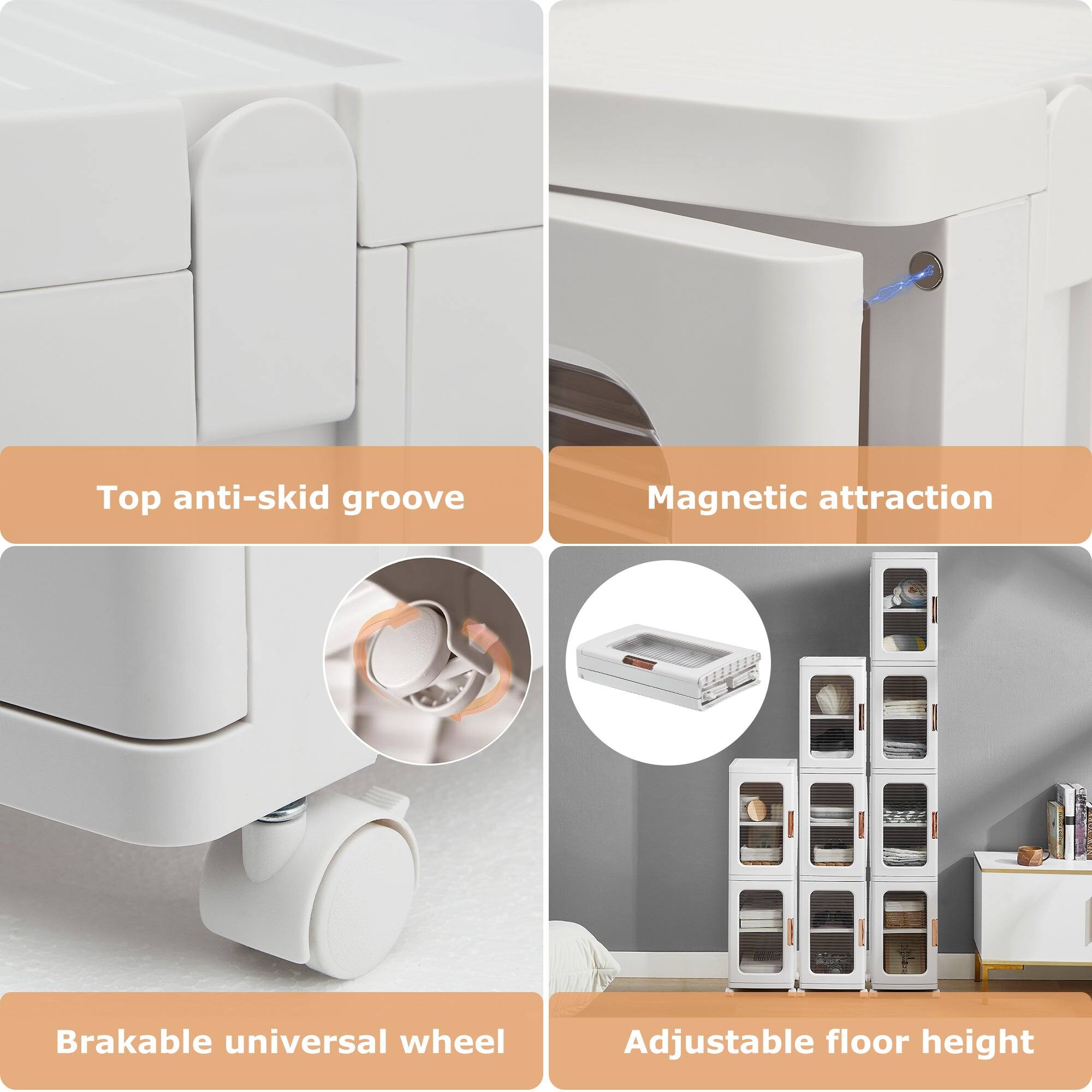 Top anti-skid groove  
Magnetic attraction  
Brakable universal wheel  
Adjustable floor height