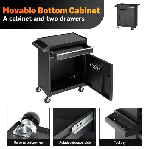 Movable Bottom Cabinet  
A cabinet and two drawers  

- Universal brake wheel  
- Adjustable drawer slide  
- Tool tray