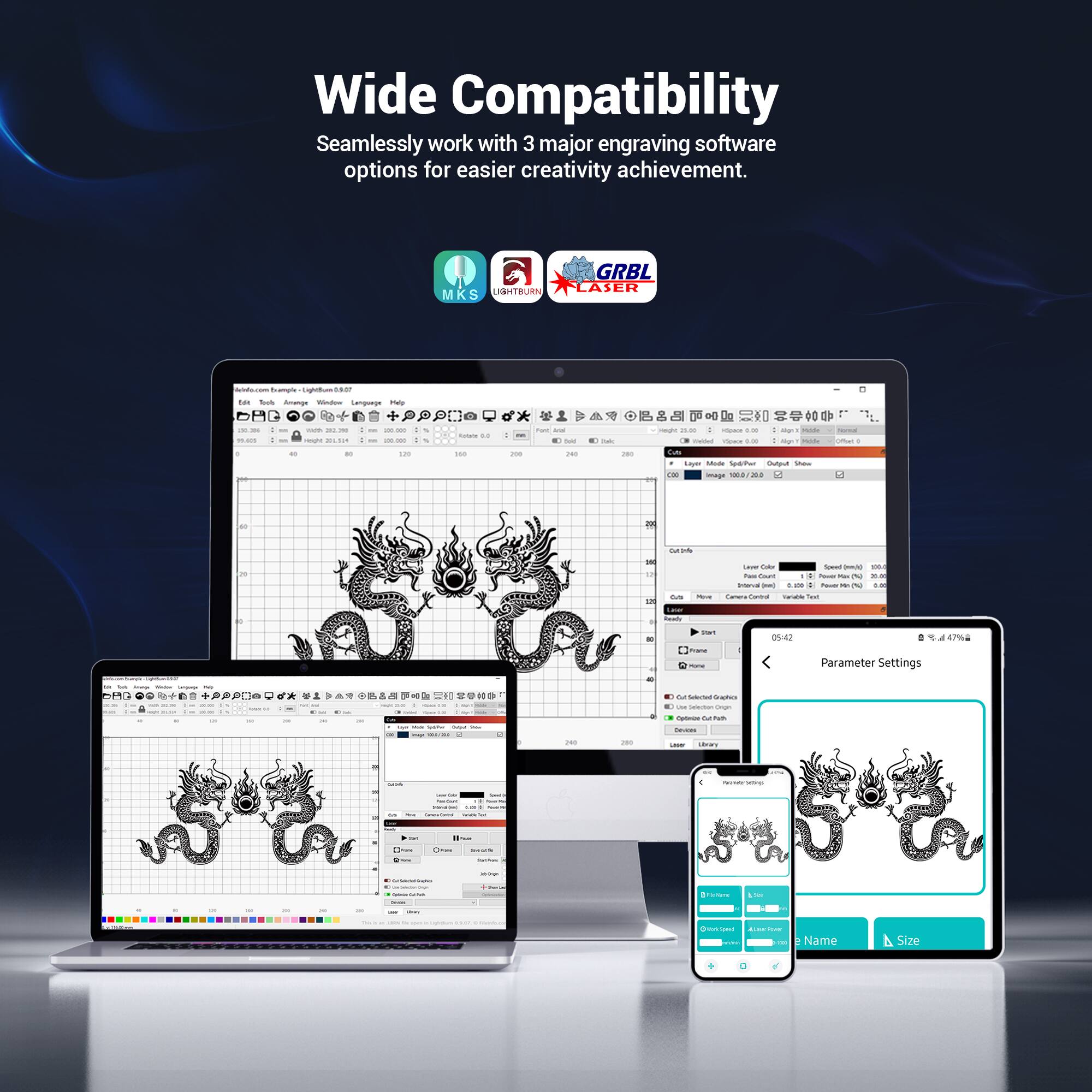 Wide Compatibility  
Seamlessly work with 3 major engraving software options for easier creativity achievement.  

GRBL  
LASER  
LIBITBURN  
MKS  

Parameter Settings  
Name  
Size