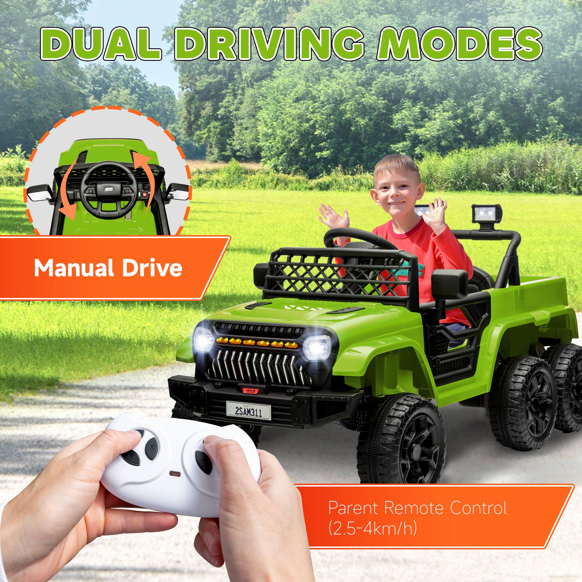 DUAL DRIVING MODES

Manual Drive

Parent Remote Control (2.5-4km/h)