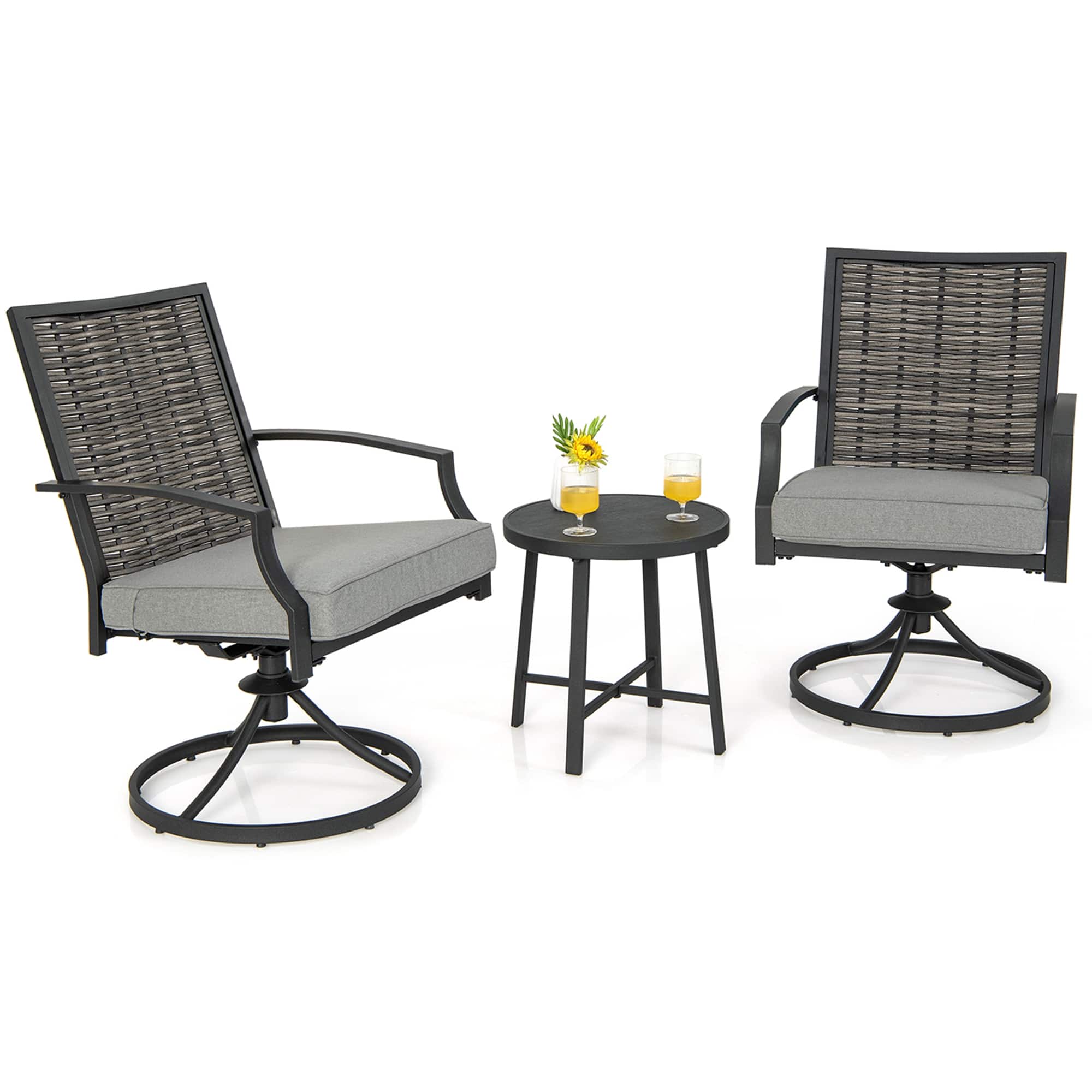 Costway - 3 PCS Patio Swivel Chair Set Coffee Table Wicker Cushioned Seat Balcony Porch - Mix Brown,Black,Grey