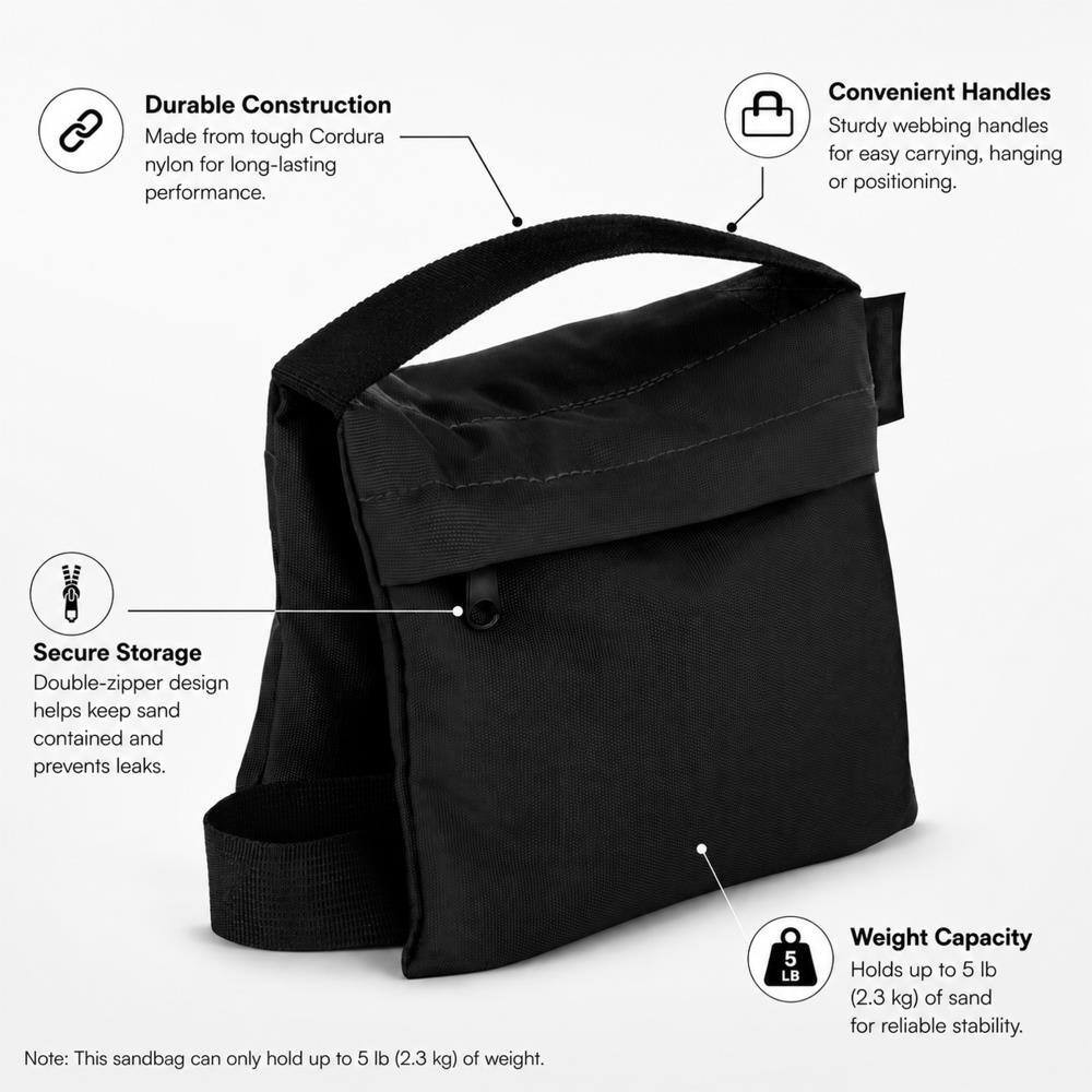 Durable Construction: Made from tough Cordura nylon for long-lasting performance.

Convenient Handles: Sturdy webbing handles for easy carrying, hanging, or positioning.

Secure Storage: Double-zipper design helps keep sand contained and prevents leaks.

Weight Capacity: Holds up to 5 lb (2.3 kg) of sand for reliable stability.

Note: This sandbag can only hold up to 5 lb (2.3 kg) of weight.