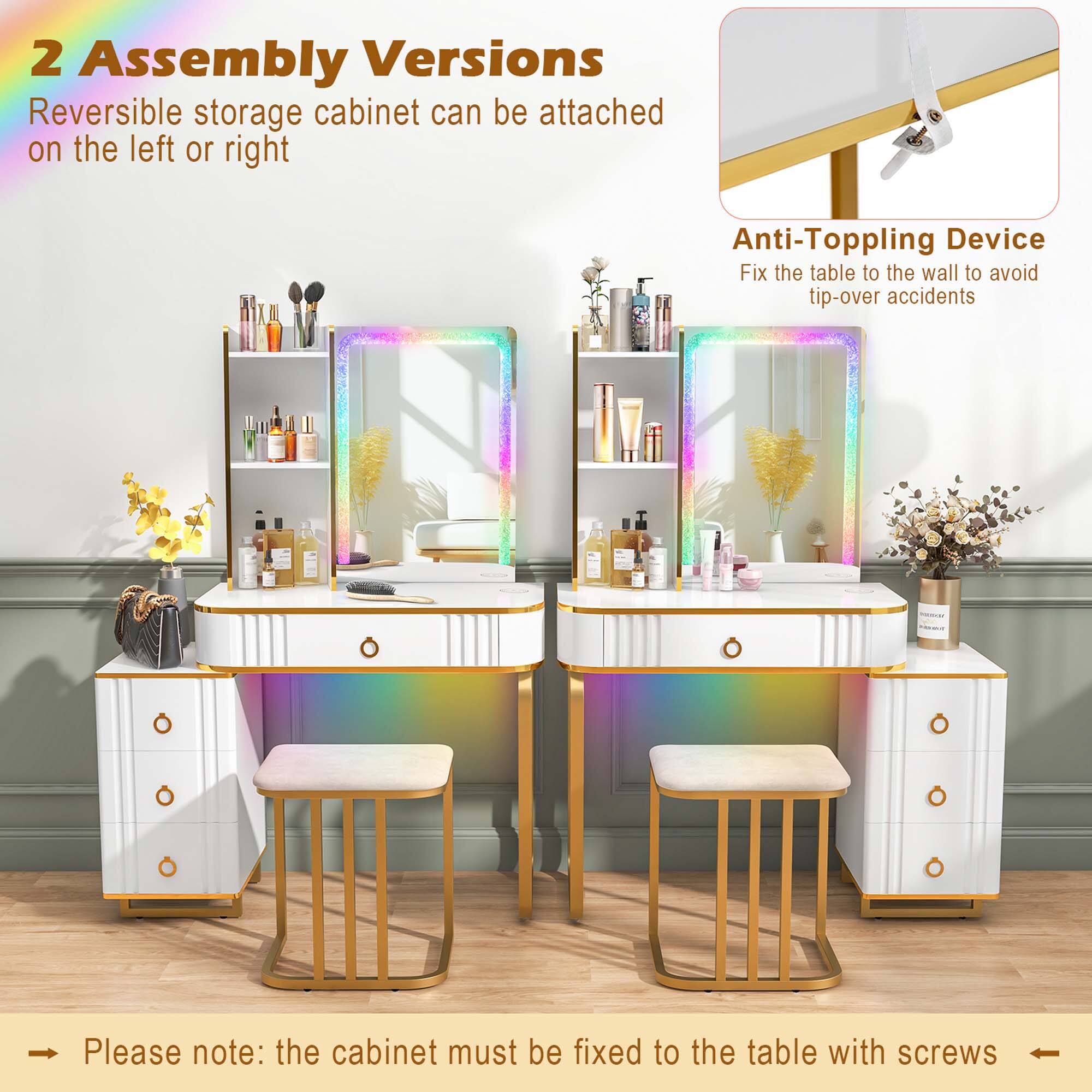 2 Assembly Versions: Reversible storage cabinet can be attached on the left or right. Anti-Tippling Device: Fix the table to the wall to avoid tip-over accidents. Please note: the cabinet must be fixed to the table with screws.