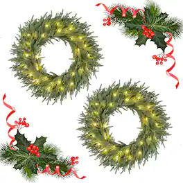 Gymax - 2PCS Outdoor 24'' Artificial Pre-Lit Christmas Wreath w/108 Branch Tips & 35 LED Lights - Green