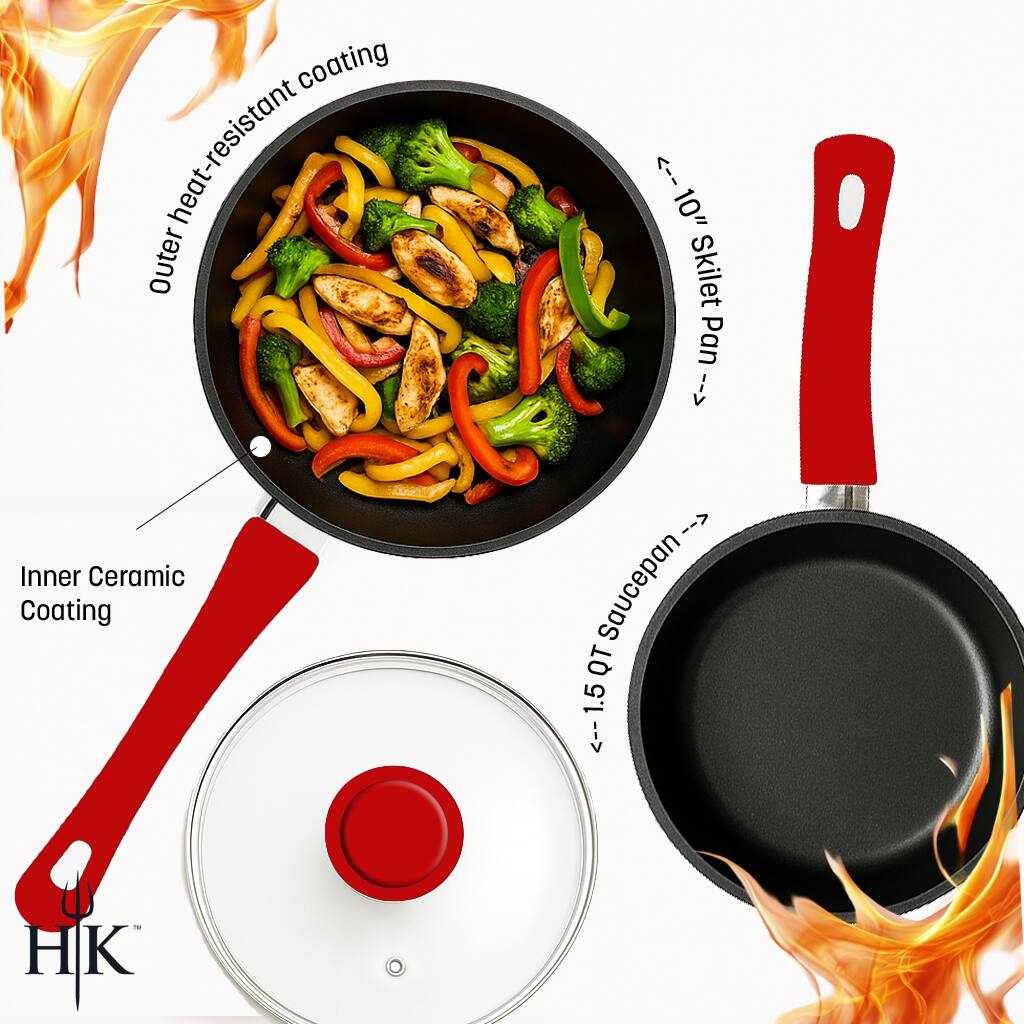- Outer heat-resistant coating
- Inner Ceramic Coating
- 10" Skillet Pan
- 1.5 QT Saucepan
- HK