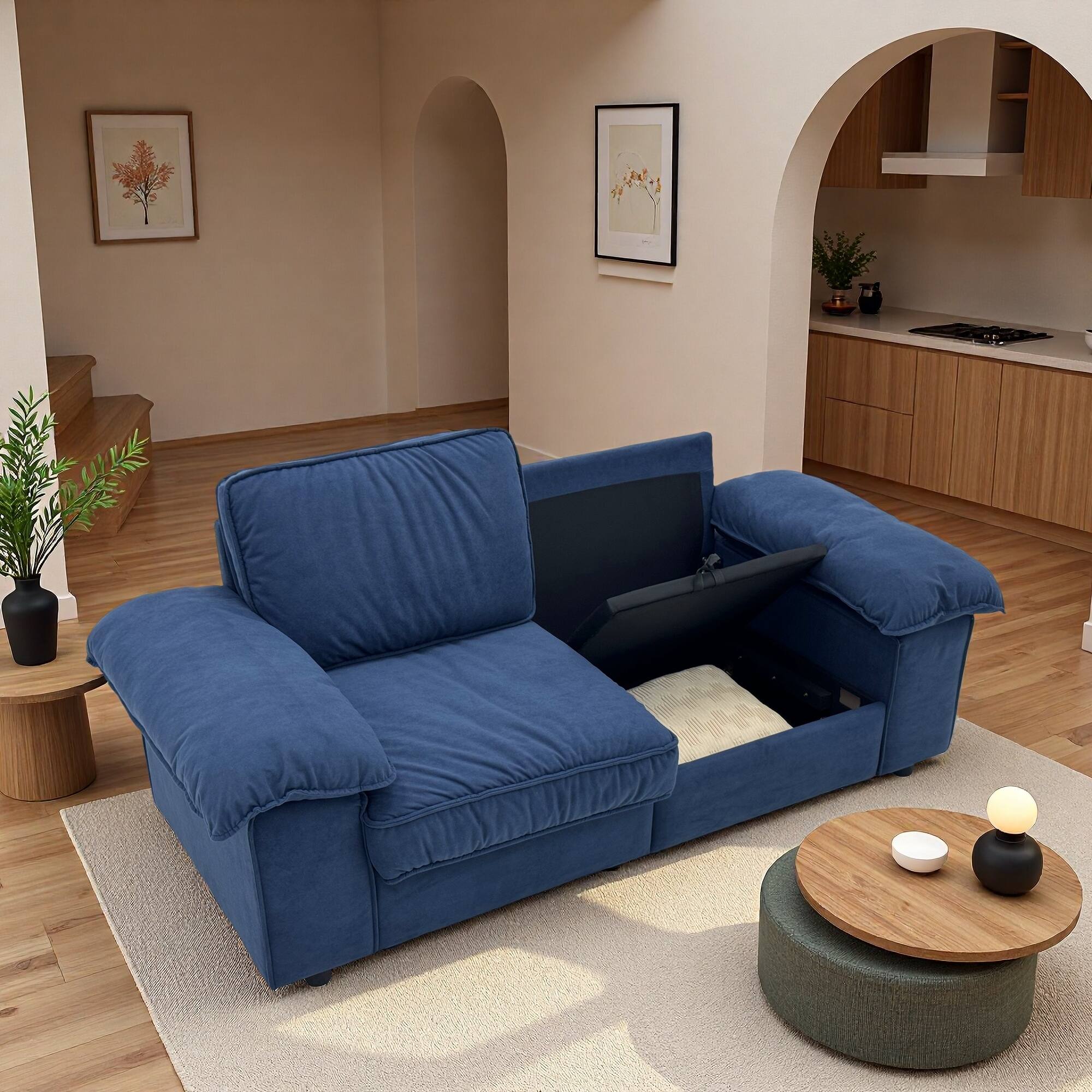 Back. Anysun - 78.7" Velvet 2-Seat Storage Loveseat - Space-Saving Compact Couch for Small Apartments. - Blue.