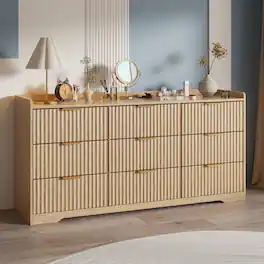 Furnulem - 9 drawer Dresser Wood Wide Chest Of Drawers With Metal Handle - Gold