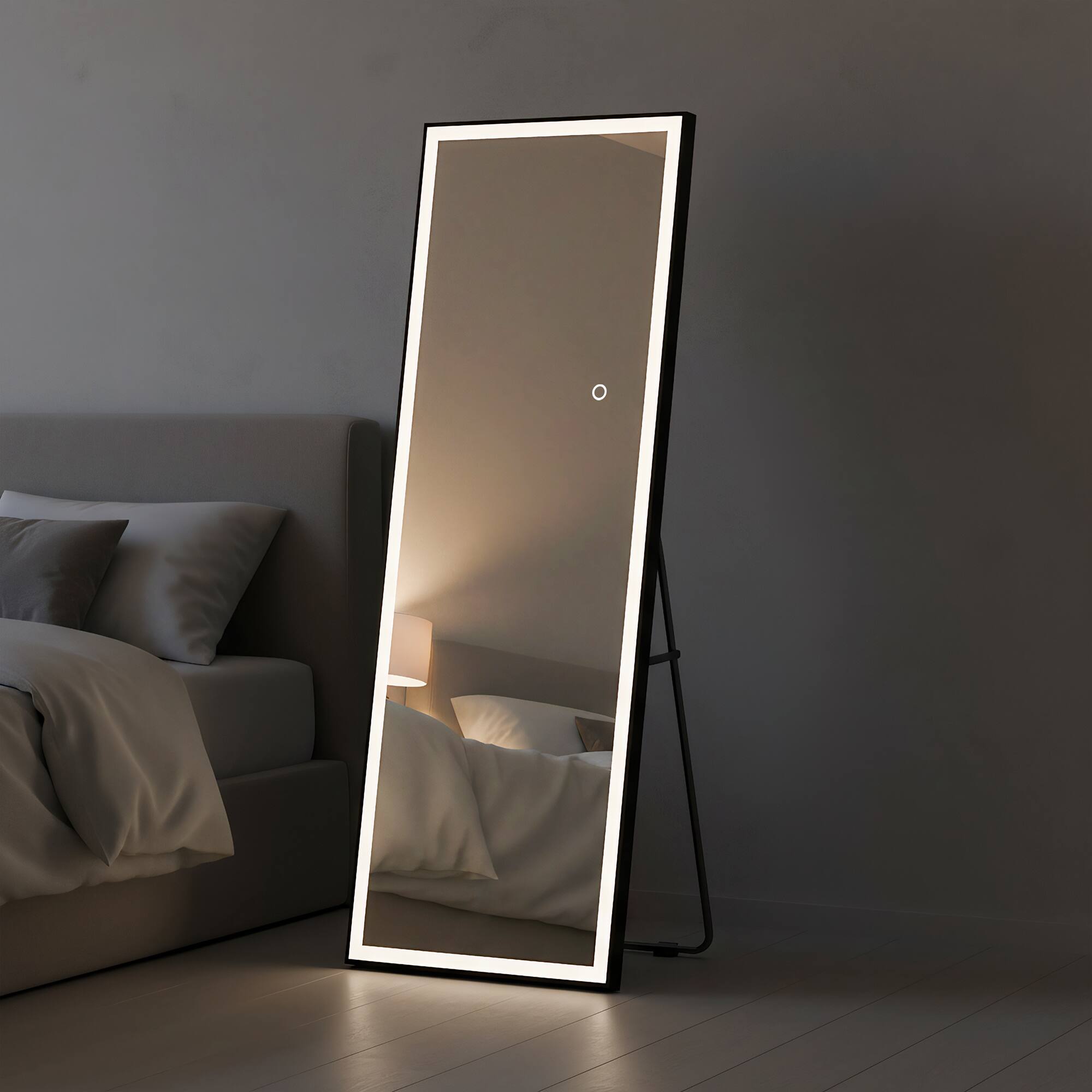 Spaco - 64 x 21 Rectangle Framed Led Full-Length Tempered Mirror with Adjustable 3-Color LED Light - Black