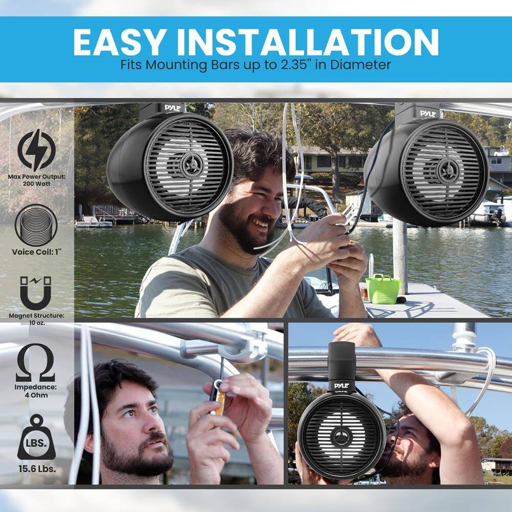 EASY INSTALLATION  
Fits Mounting Bars up to 2.35" in Diameter  

PYLE  
Max Power Output: 200 Watt  
Voice Coil: 1"  
Magnet Structure: 10 OZ  
Impedance: 4 Ohm  
LBS: 15.6 Lbs.