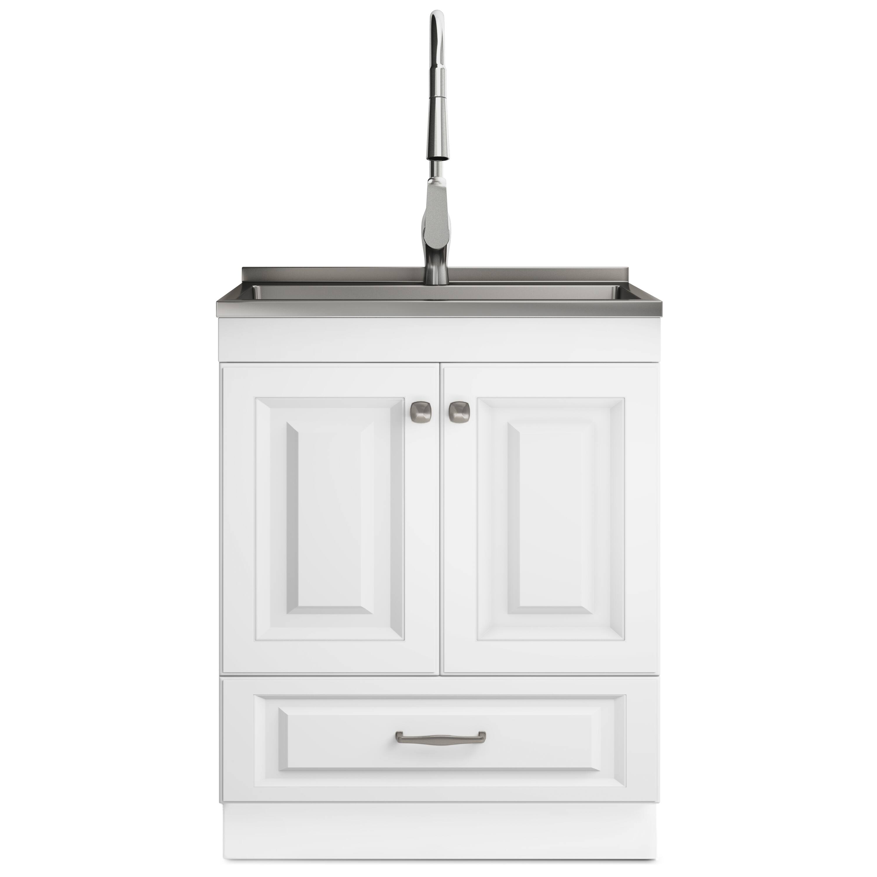 Left. Simpli Home - Lawrence  All-in-One 28-inch Utility Sink & Cabinet - Pure White.