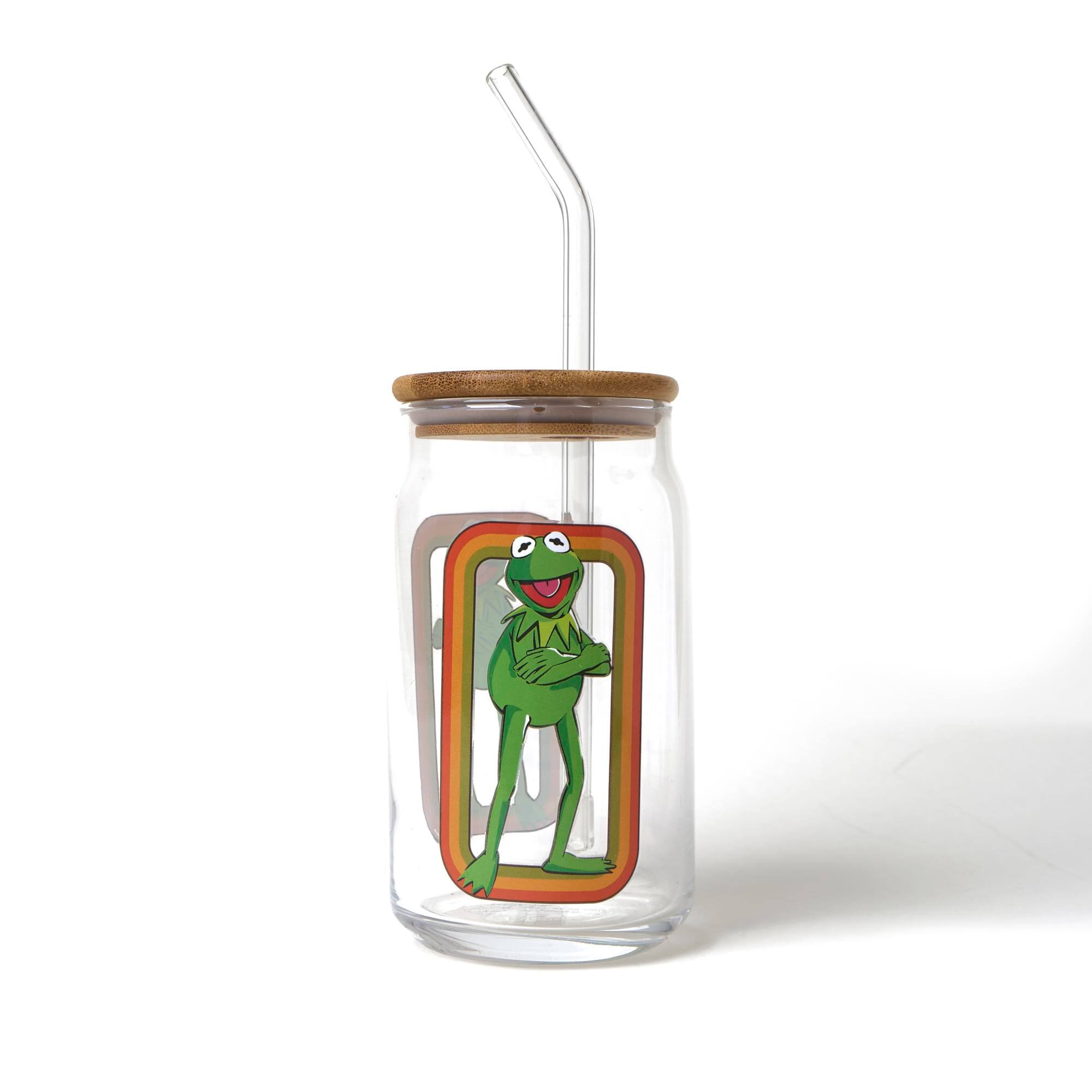 Silver Buffalo - The Muppets Kermit the Frog 16-Ounce Glass Tumbler With Bamboo Lid and Straw - Green