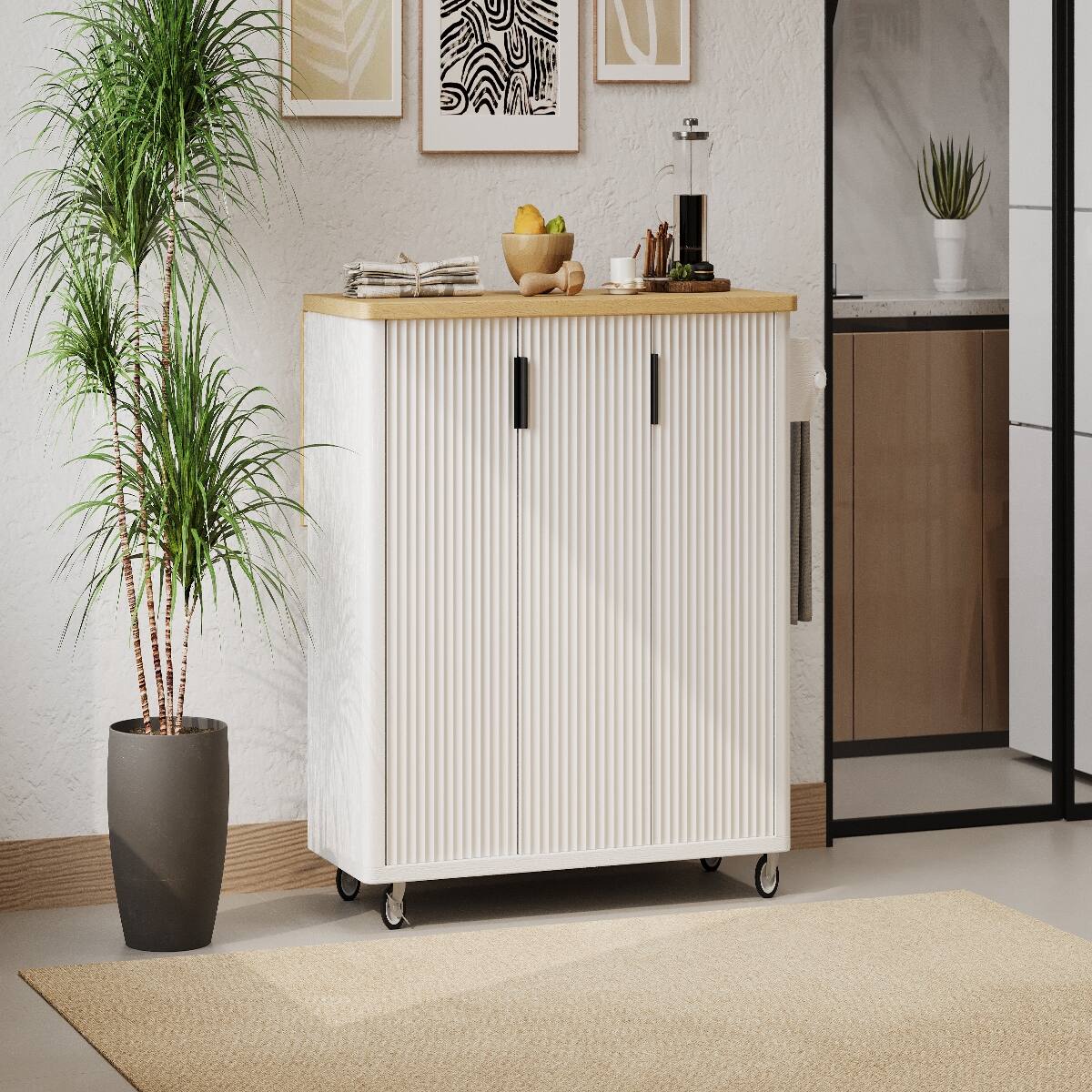Alt View 1. Loheer - Loheer 51" Farmhouse Kitchen Island with Drop Leaf, White Ash - White.