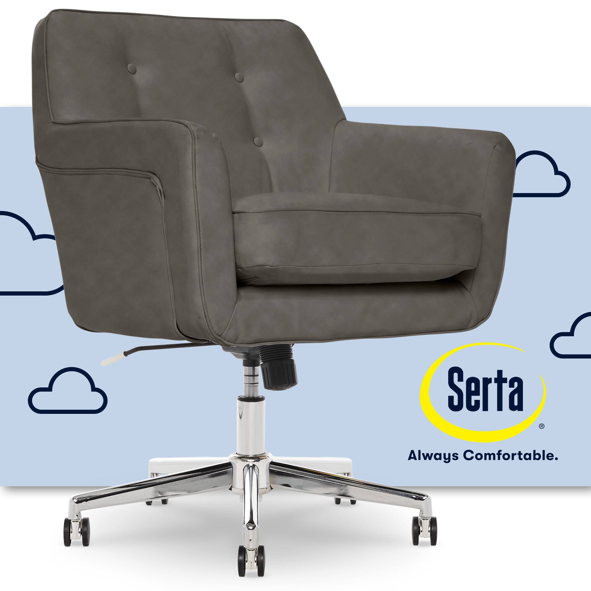 The image features a comfortable Serta chair with a blue background and clouds. The chair is positioned on a wheeled base, providing easy mobility. The Serta logo is displayed on the chair, emphasizing its comfort and quality.
