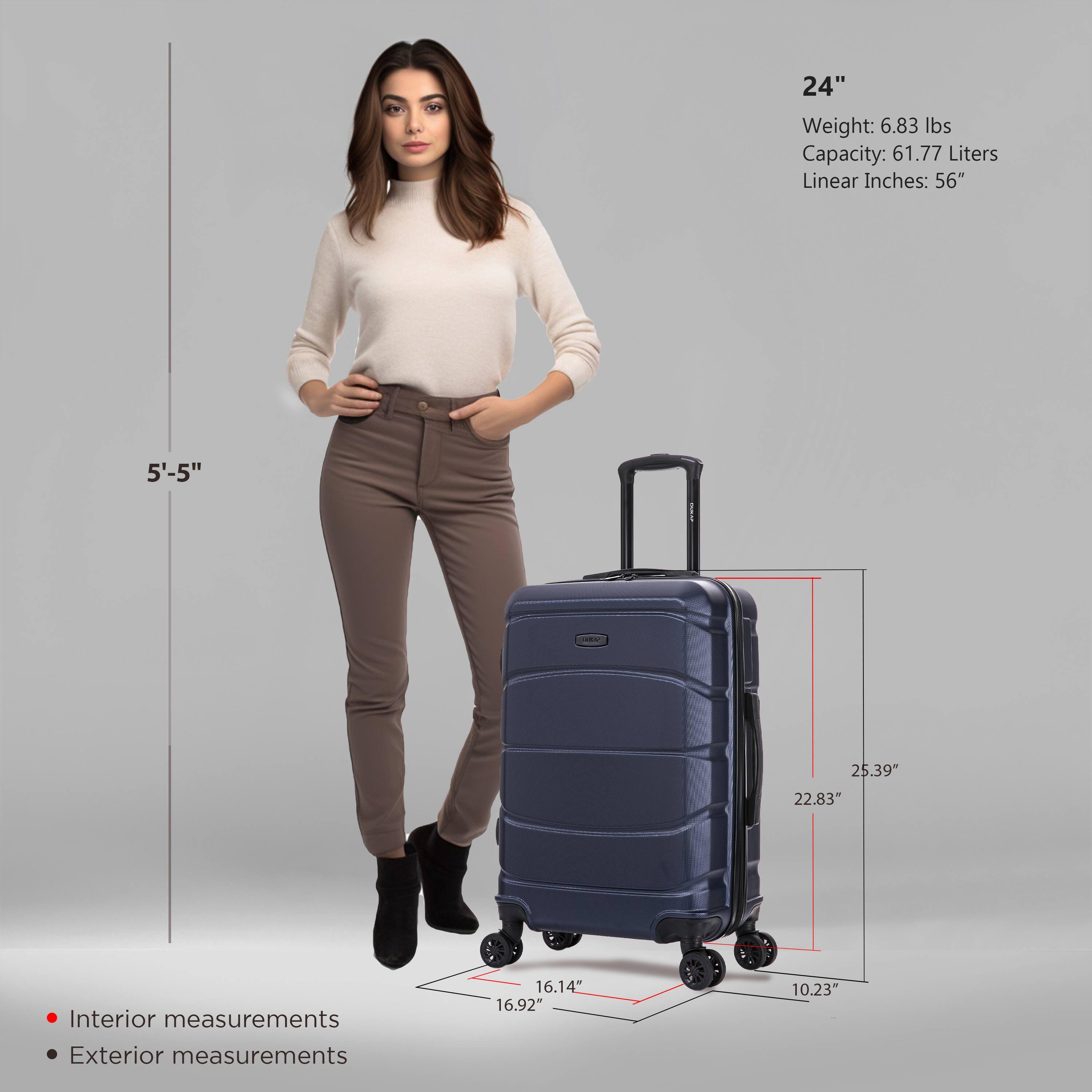 - **24"**
  - Weight: 6.83 lbs
  - Capacity: 61.77 Liters
  - Linear Inches: 56"

- **5'-5"**

- **Interior measurements**
  - 16.14"
  - 16.92"
  - 10.23"

- **Exterior measurements**
  - 25.39"
  - 22.83"
  - 10.23"