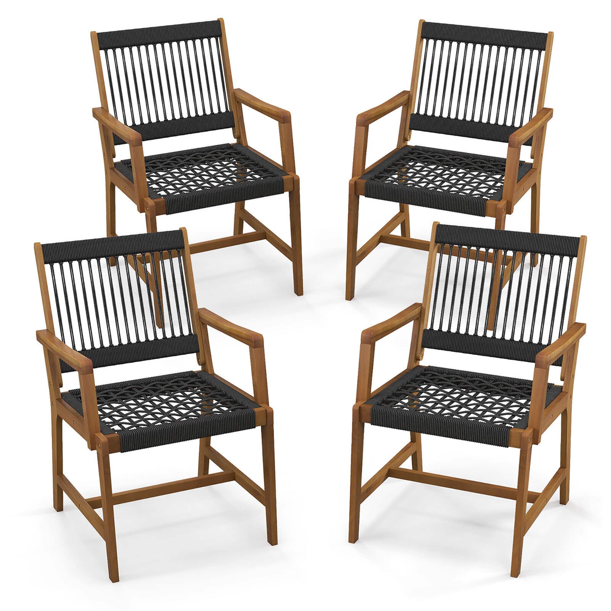 Gymax - Patio 4PCS Acacia Wood Dining Chairs All-Weather Rope Woven Armchairs Outdoor - Black and Natural