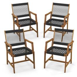 Gymax - Patio 4PCS Acacia Wood Dining Chairs All-Weather Rope Woven Armchairs Outdoor - Black and Natural