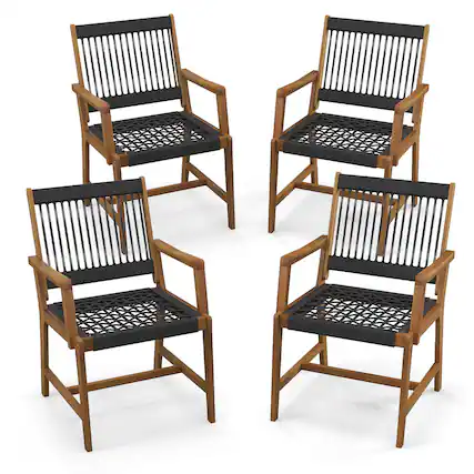 Front. Gymax - Gymax Patio 4PCS Acacia Wood Dining Chairs All-Weather Rope Woven Armchairs Outdoor - Black and Natural.