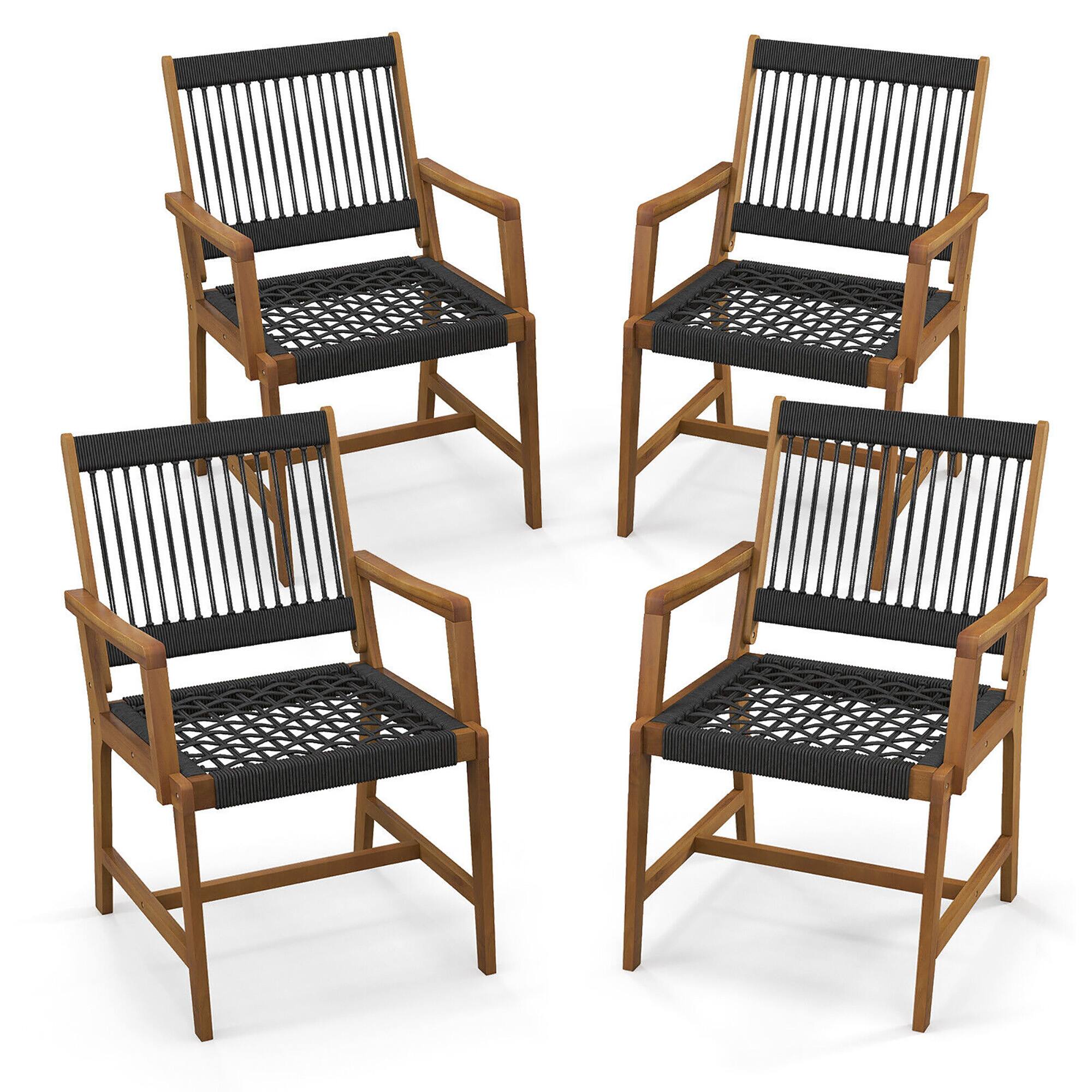 Front. Gymax - Gymax Patio 4PCS Acacia Wood Dining Chairs All-Weather Rope Woven Armchairs Outdoor - Black and Natural.