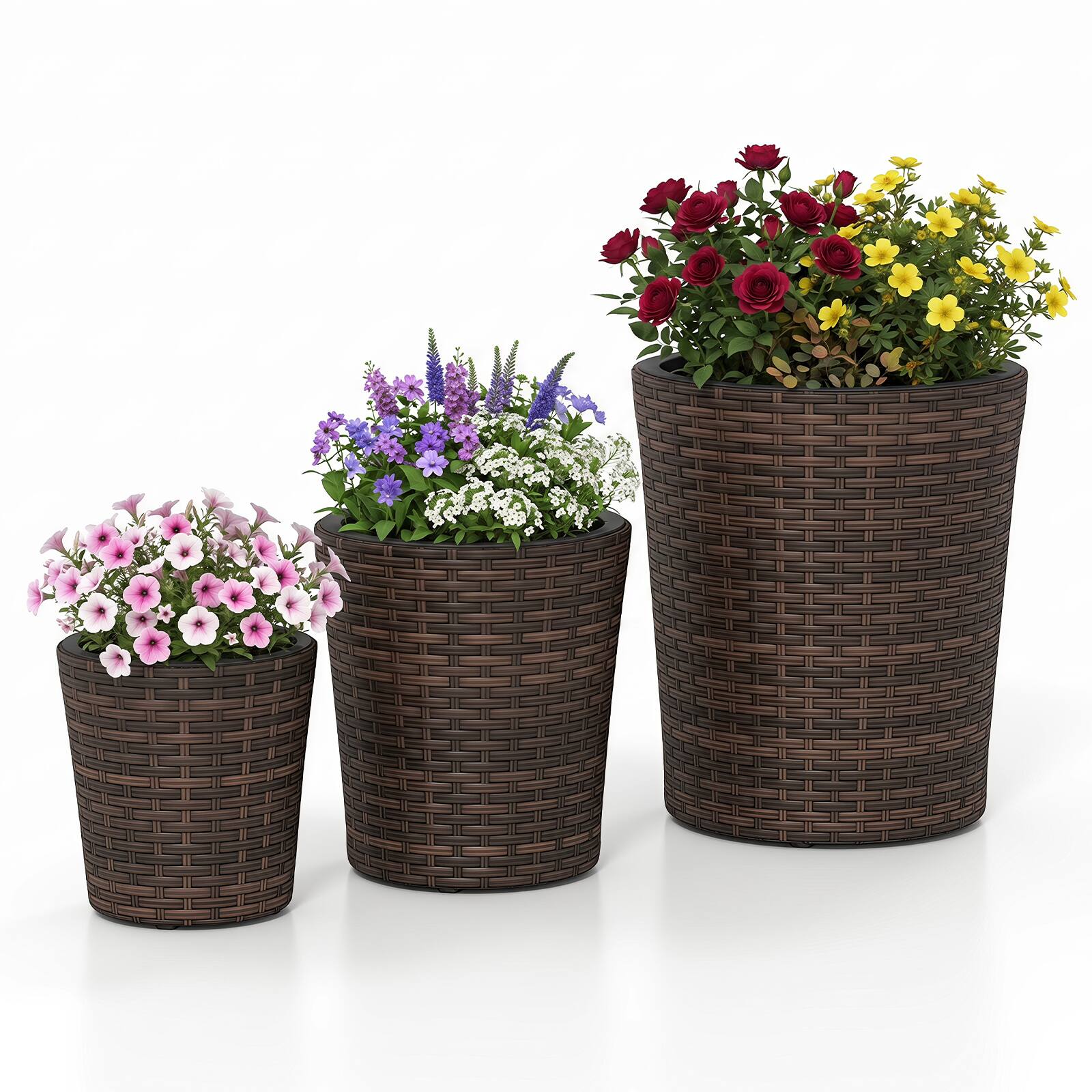 Alt View 9. Costway - Costway 3PCS Plastic Planters, 14 & 11 & 9 Inch Taper Rattan Planters with Drainage Holes - Brown.