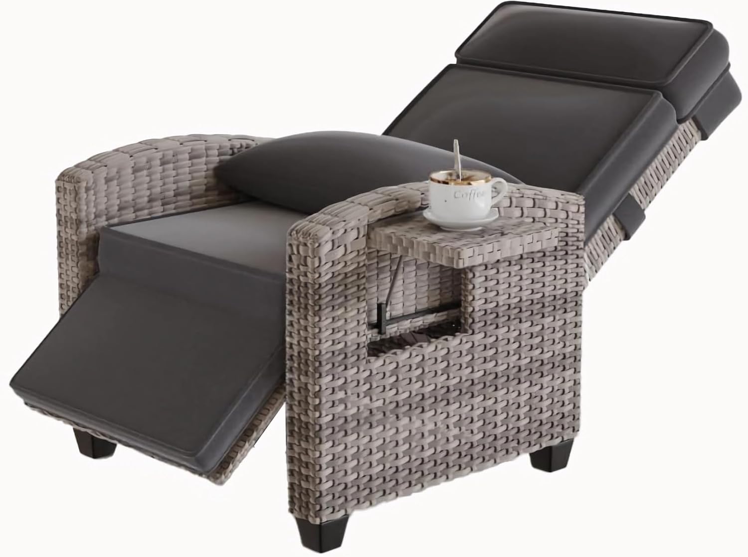 Front. Acekool - Outdoor Rattan Recliner Chair with Armrest Console, 150° Adjustable Back & Footrest, Tray, Removable Cushion, Gray - Gray.