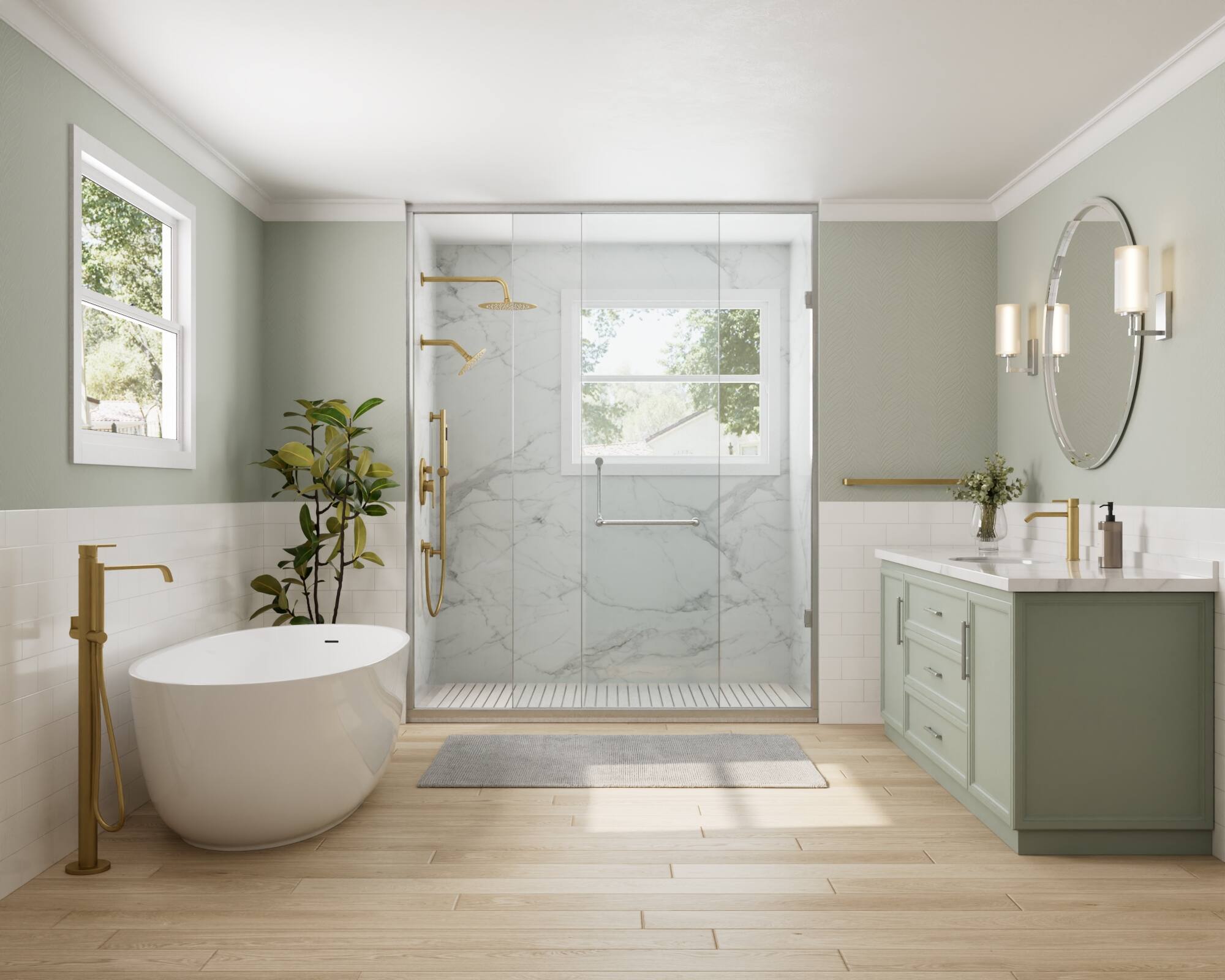 Left. GRANDJOY - Wall Mounted Shower System Set with 10" Rainfall Shower Head, Handheld Shower and Adjustable Slide Bar - Brushed Gold.