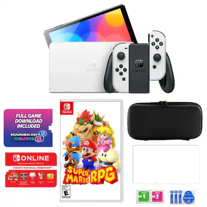 The image shows a Nintendo Switch game console with a game cartridge and a game case. The game cartridge is titled "Super Mario RPG," and the game case is for "Mario Kart Deluxe." The console also comes with a 12-month individual membership for online play.