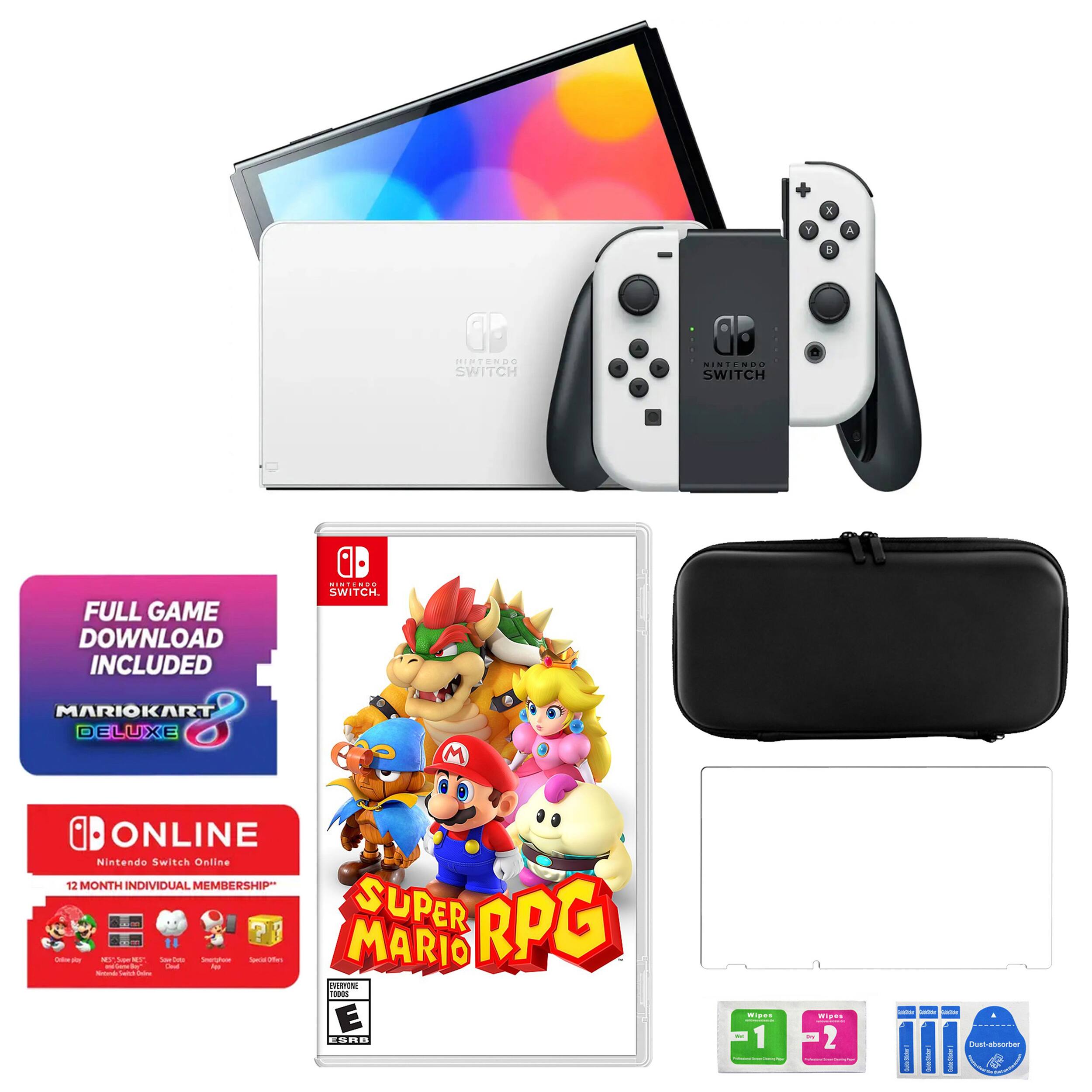 The image shows a Nintendo Switch game console with a game cartridge and a game case. The game cartridge is titled "Super Mario RPG," and the game case is for "Mario Kart Deluxe." The console also comes with a 12-month individual membership for online play.