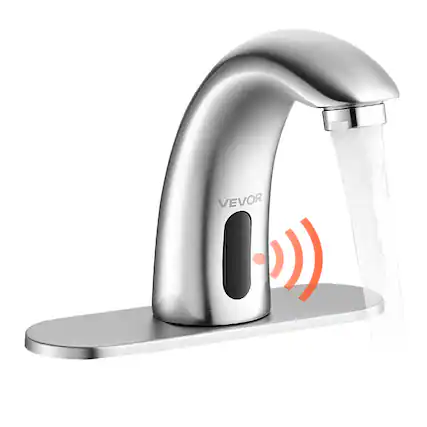 Front. VEVOR - Touchless Bathroom Sink Faucet, Automatic Motion Sensor Restroom Toilet Faucet with Hole Cover Plate, Battery Operated - Silver.
