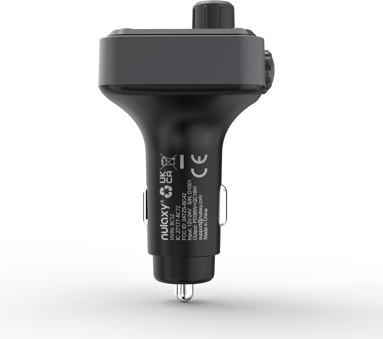 CE UK CA  
D1001  
S/N: 2ATZS-BC42  
PD36W+QC18W  
China  
nulaxy  
BC52 27177-BC72  
ID: 12V-24V  
Output: support@nulaxy.com  
in HVIN: IC: FCC  
Input: Made