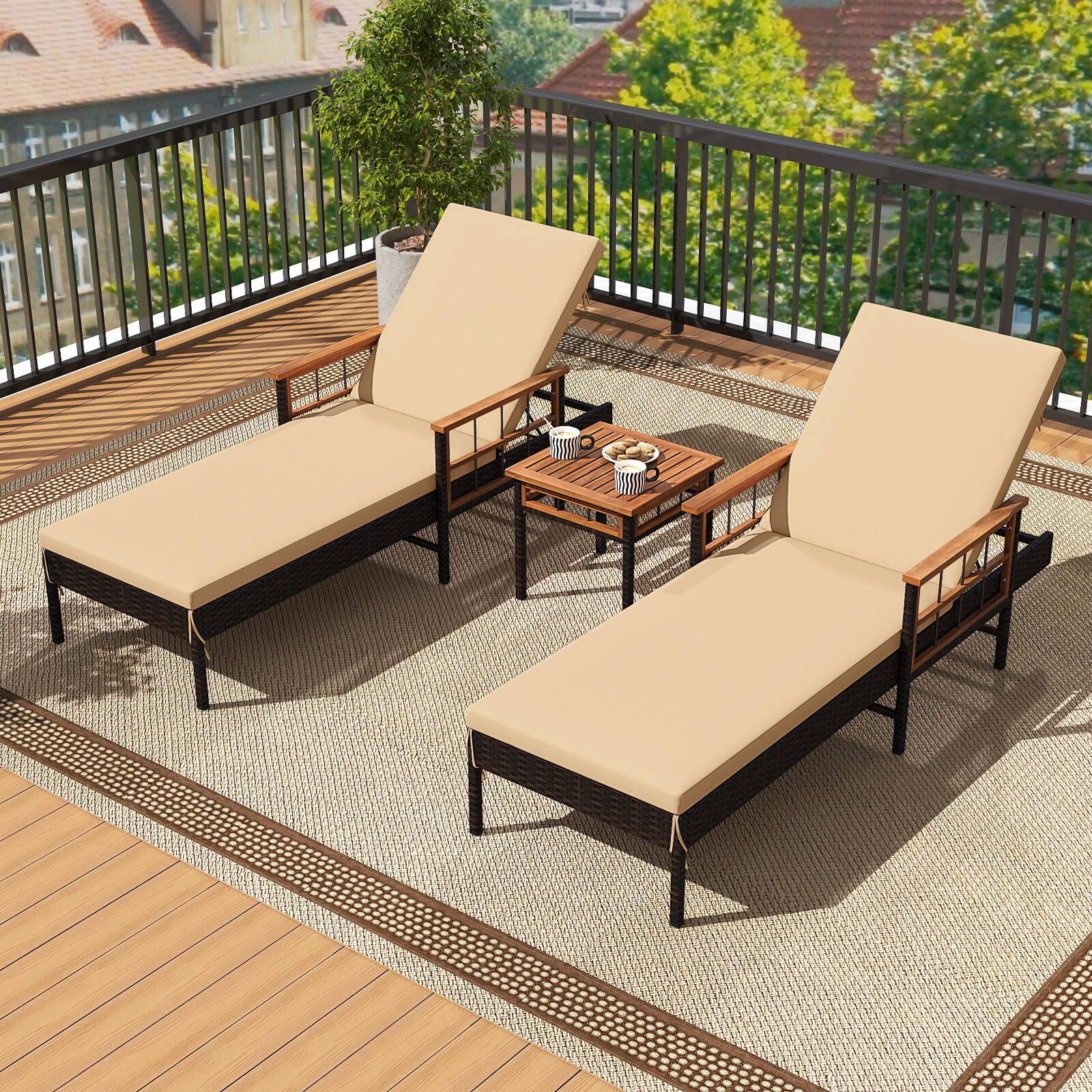 Alt View 3. Costway - Costway 2 PCS Patio Rattan Chaise Lounge Outdoor Reclining Lounger Chair with Wood Armrests - Mix Brown,Beige.