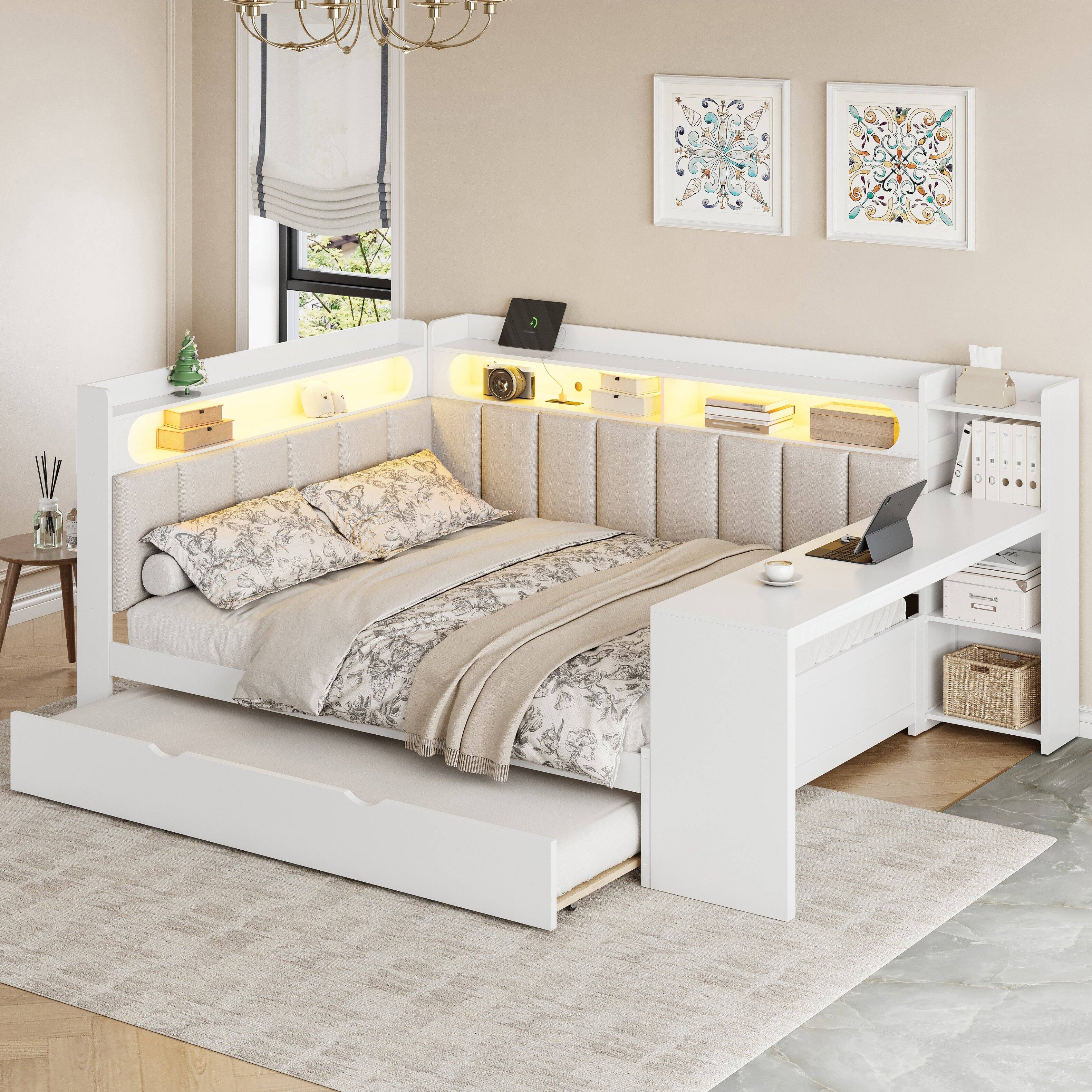 Left. Whisen - Full-Size Daybed with Trundle, Storage Shelves, Desk, Charging Station, LED Lights & Upholstered Back - White.