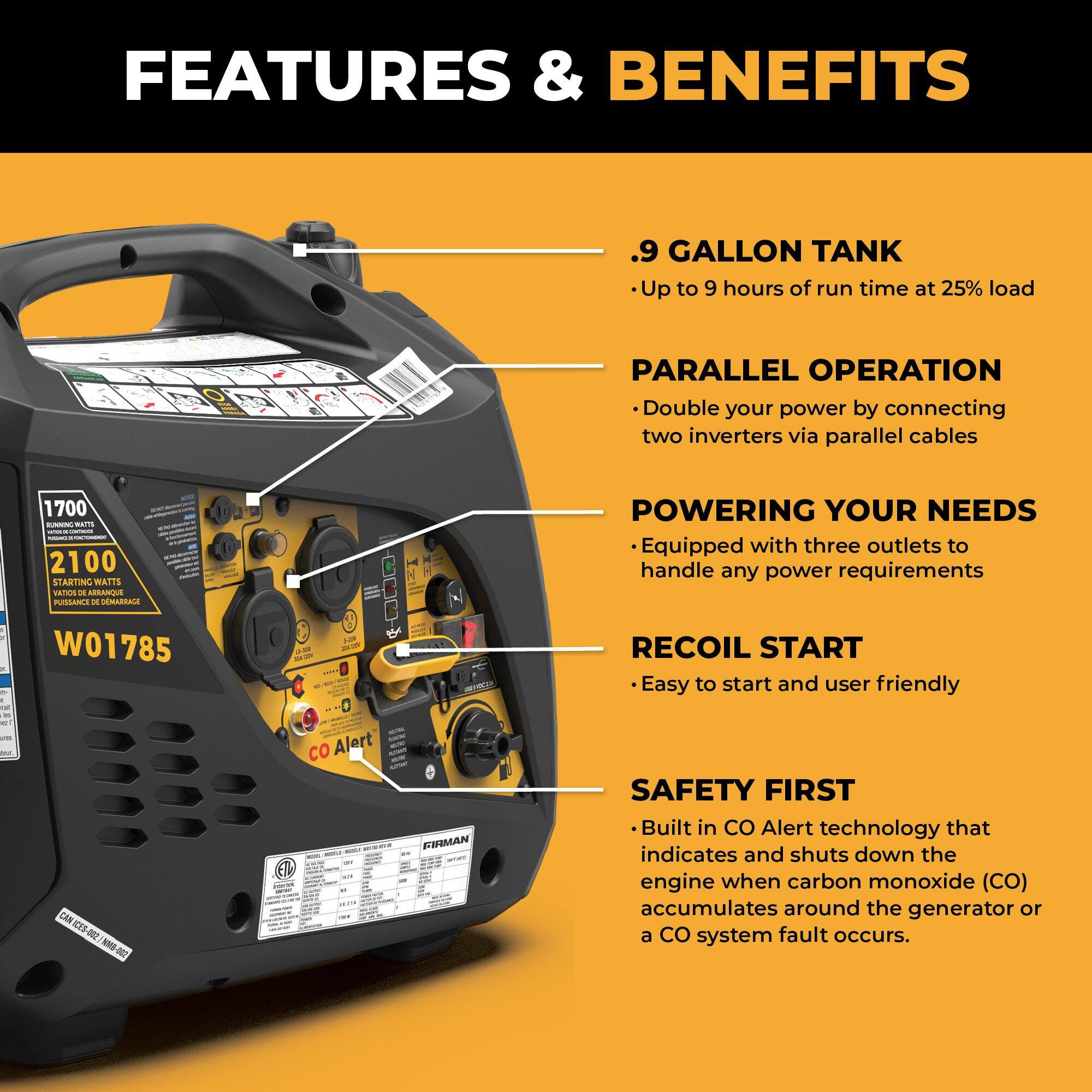 **FEATURES & BENEFITS**

- **.9 GALLON TANK**
  - Up to 9 hours of run time at 25% load

- **PARALLEL OPERATION**
  - Double your power by connecting two inverters via parallel cables

- **POWERING YOUR NEEDS**
  - Equipped with three outlets to handle any power requirements

- **RECOIL START**
  - Easy to start and user friendly

- **SAFETY FIRST**
  - Built in CO Alert technology that indicates and shuts down the engine when carbon monoxide (CO) accumulates around the generator or a CO system fault occurs.