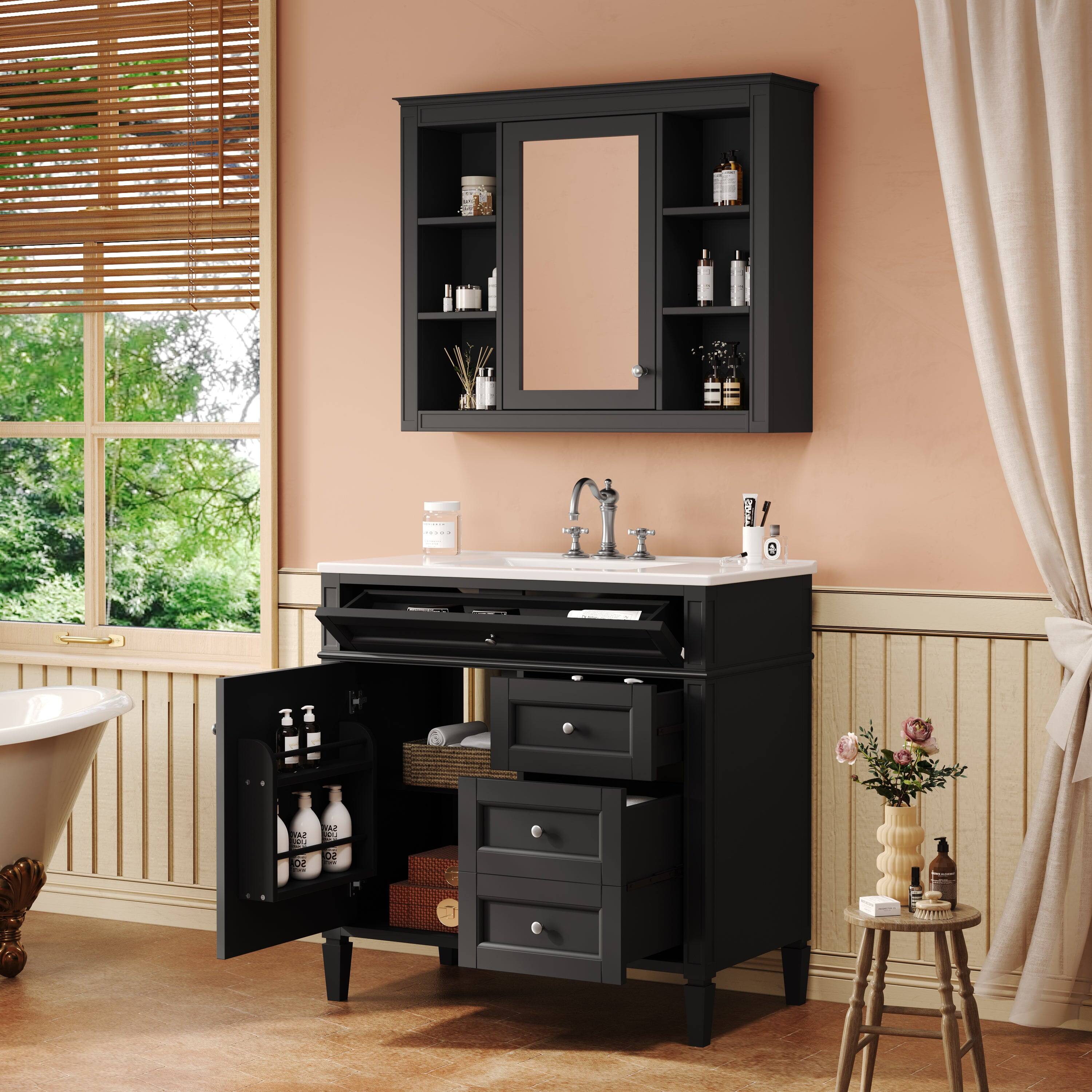 Alt View 2. Boyel Living - 36 Inch Bathroom Vanity Set with Mirror Cabinet Resin Sink 3 Drawers 2 Doors Black - Black.