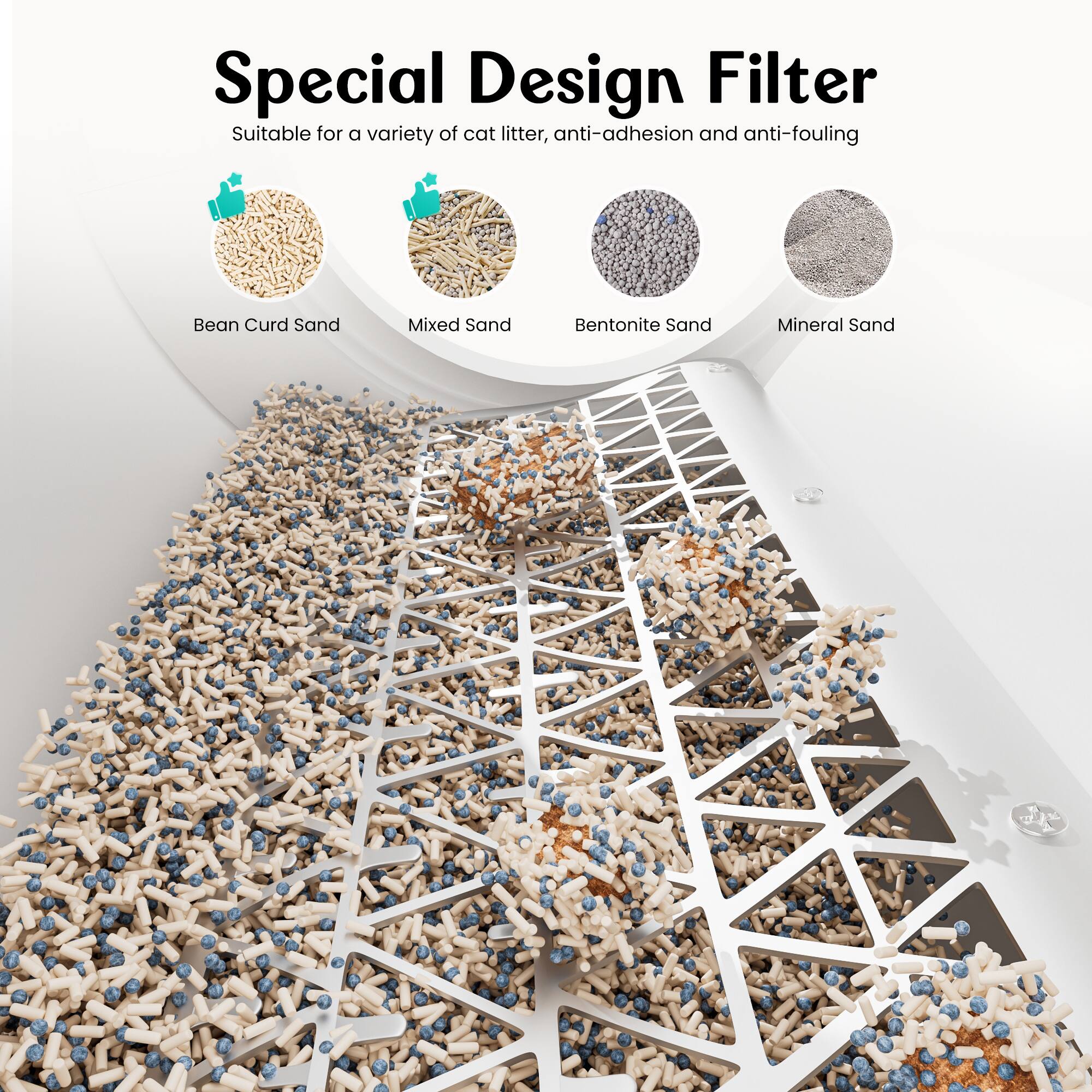 Special Design Filter  
Suitable for a variety of cat litter, anti-adhesion and anti-fouling  

- Bean Curd Sand  
- Mixed Sand  
- Bentonite Sand  
- Mineral Sand