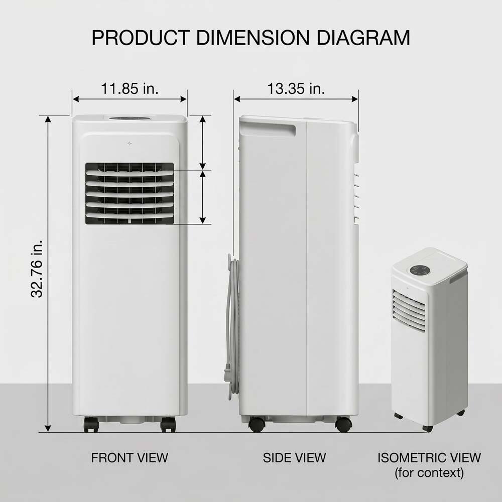 PRODUCT DIMENSION DIAGRAM

11.85 in.  
13.35 in.  
32.76 in.

FRONT VIEW  
SIDE VIEW  
ISOMETRIC VIEW (for context)